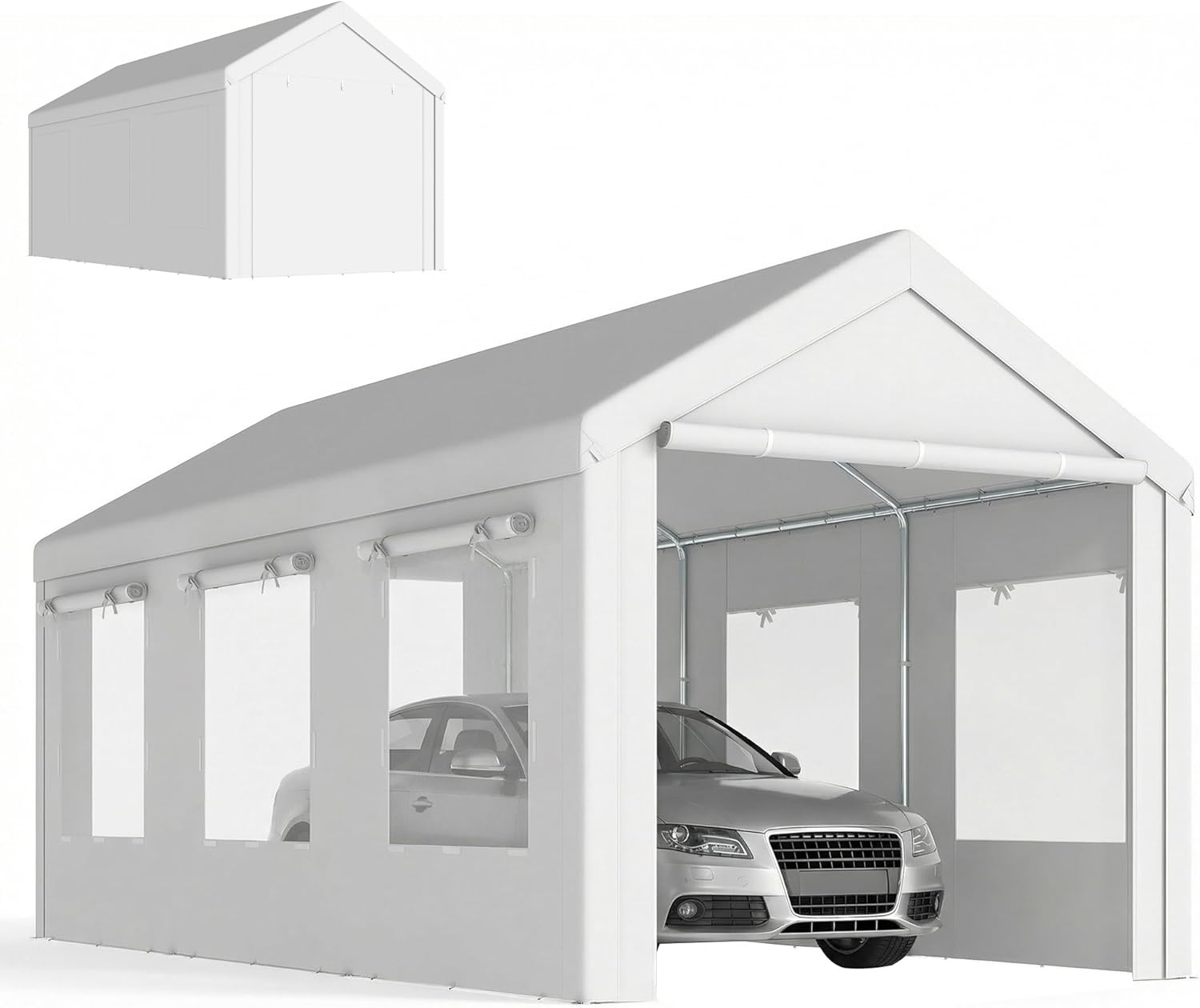 Outsunny Carport 3 x 6 m UV-Schutz 30+ Mobile Garage mit Einstellbarer Höhe – Garagenzelt mit 6 Fenstern und Fliegengitter – Carport aus robustem verzinktem Stahl Ø 37 mm, weiß