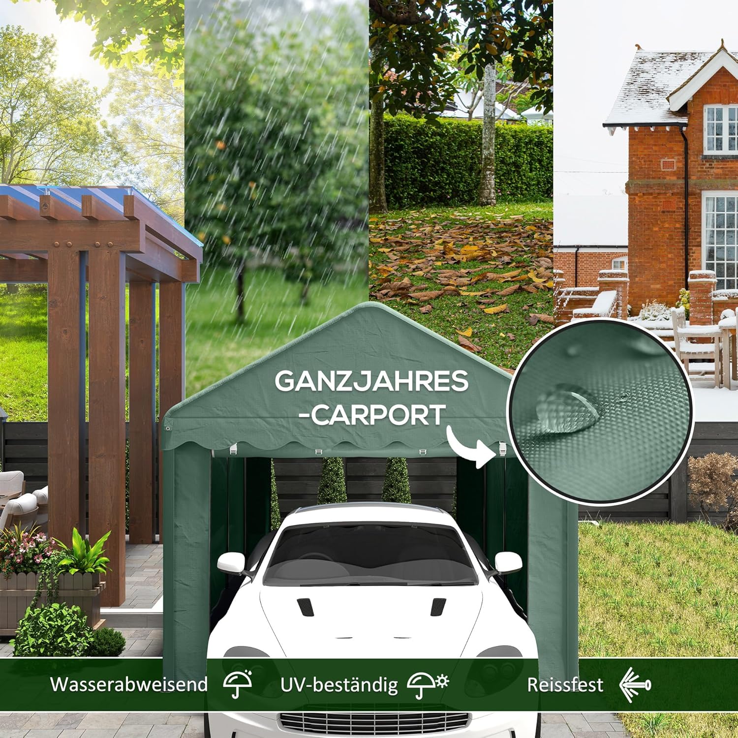 Outsunny Carport 3x6 m wasserdicht Garagenzelt mit Rolltüren, abnehmbaren Seitenwänden, UV-beständig Lagerzelt mit Dach, Zeltgarage Garagenüberdachung Unterstand Weidezelt für Auto, LKW, SUV, Grün — Ansicht 3