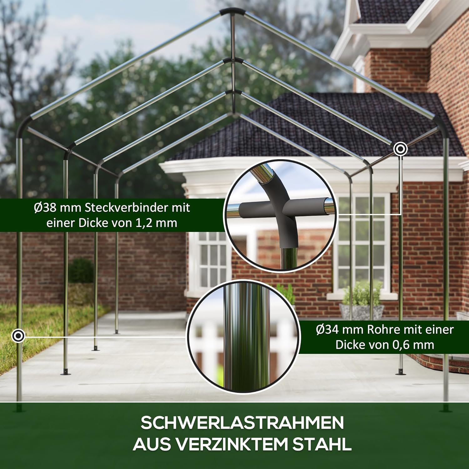 Outsunny Carport 3x6 m wasserdicht Garagenzelt mit Rolltüren, abnehmbaren Seitenwänden, UV-beständig Lagerzelt mit Dach, Zeltgarage Garagenüberdachung Unterstand Weidezelt für Auto, LKW, SUV, Grün — Ansicht 4
