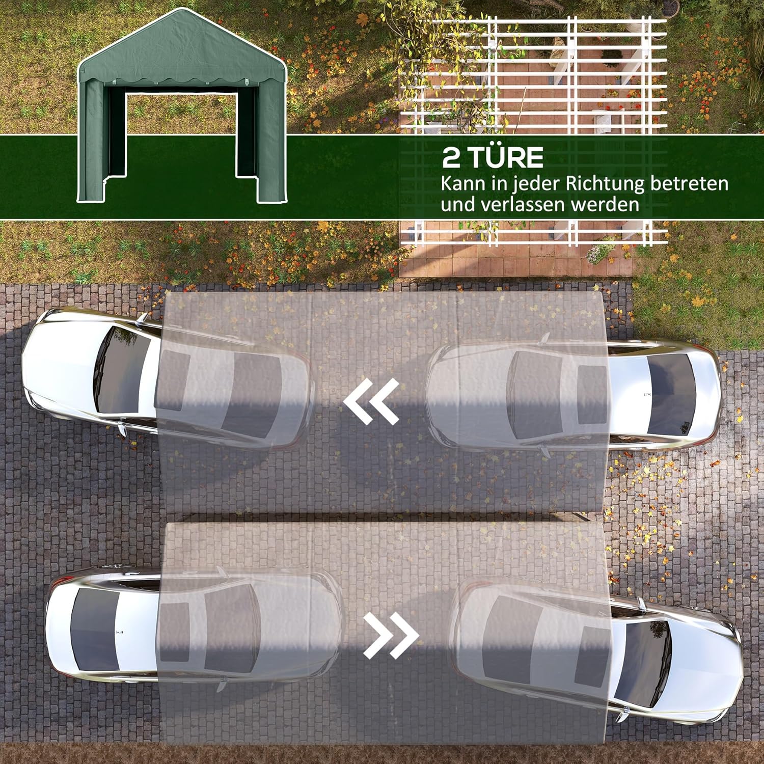 Outsunny Carport 3x6 m wasserdicht Garagenzelt mit Rolltüren, abnehmbaren Seitenwänden, UV-beständig Lagerzelt mit Dach, Zeltgarage Garagenüberdachung Unterstand Weidezelt für Auto, LKW, SUV, Grün — Ansicht 5
