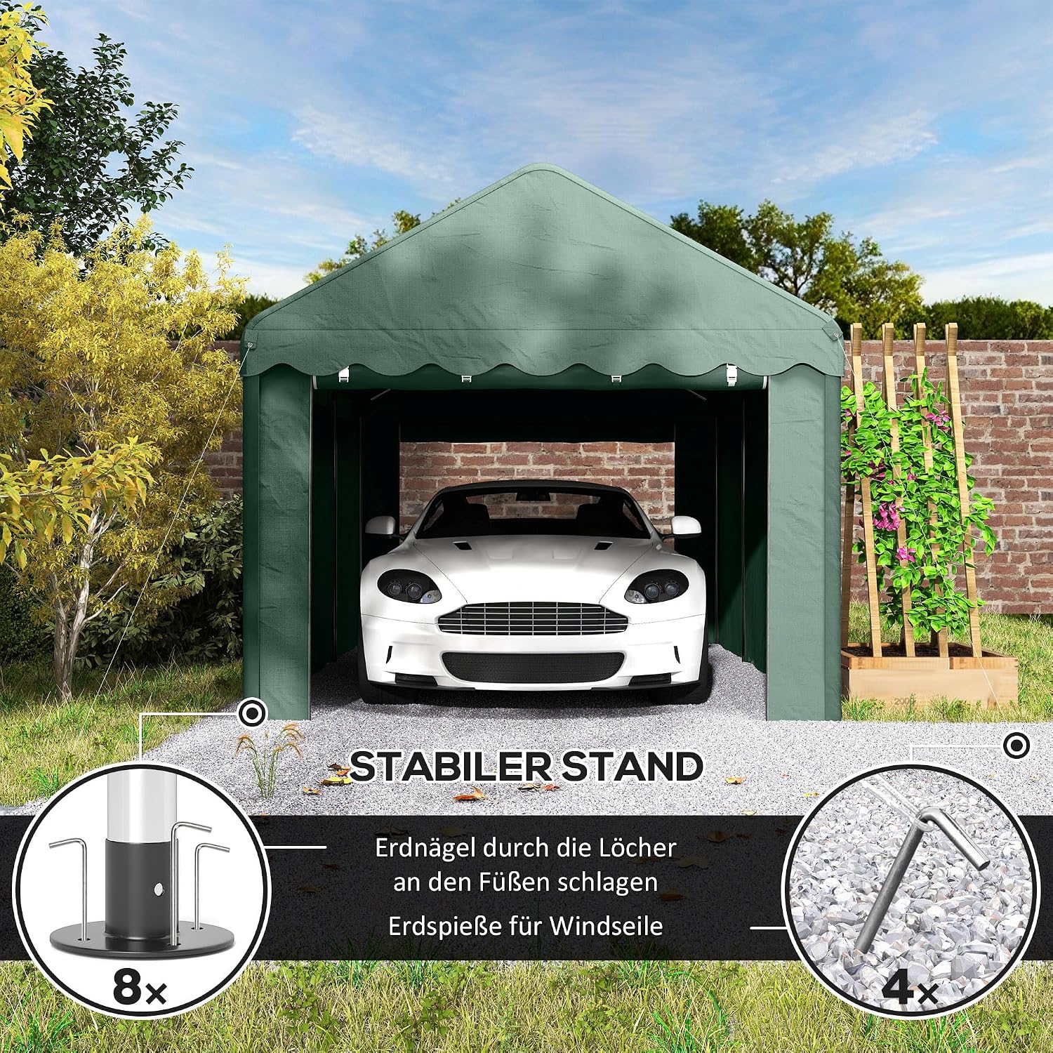 Outsunny Carport 3x6 m wasserdicht Garagenzelt mit Rolltüren, abnehmbaren Seitenwänden, UV-beständig Lagerzelt mit Dach, Zeltgarage Garagenüberdachung Unterstand Weidezelt für Auto, LKW, SUV, Grün — Ansicht 6