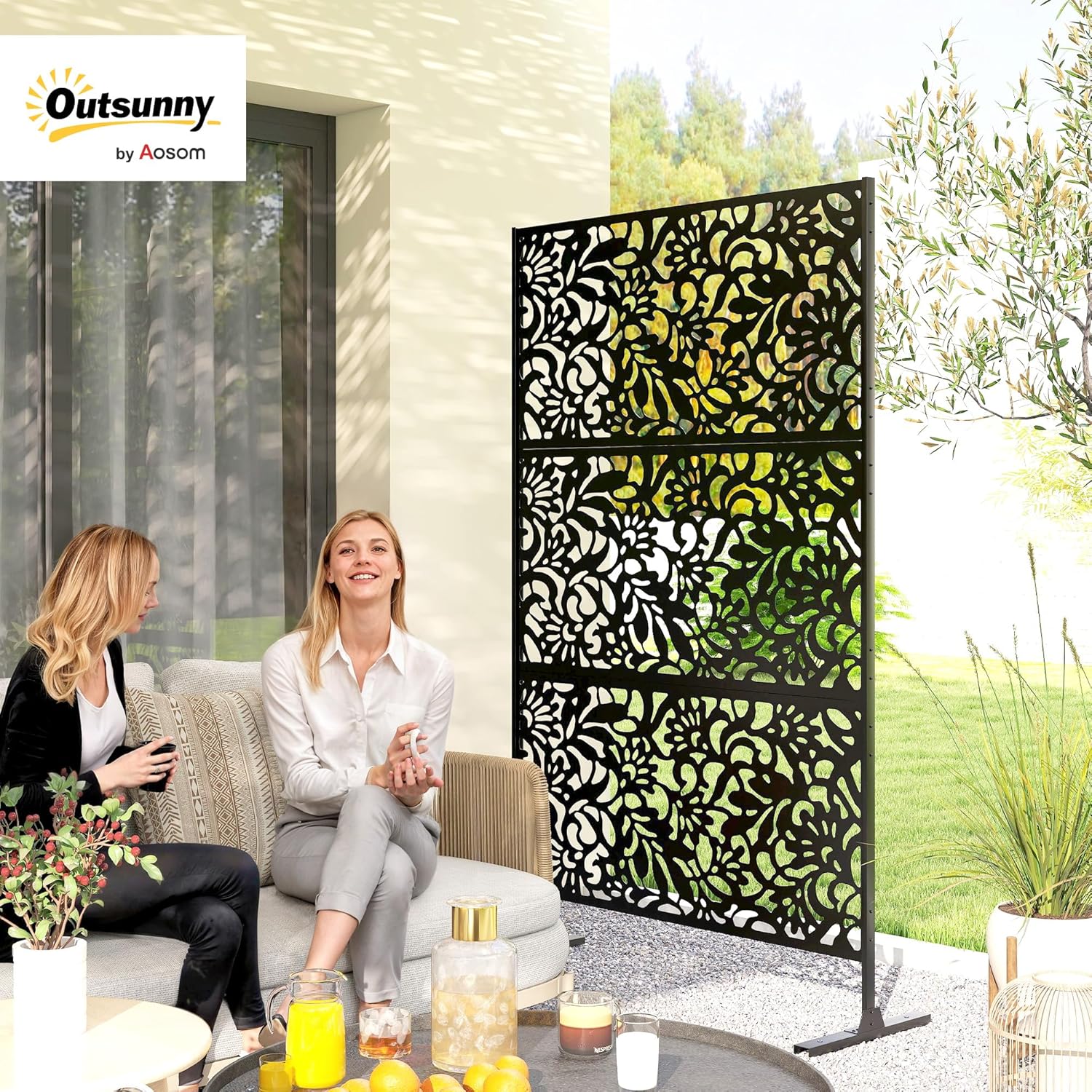 Outsunny Dekorativer Sichtschutz für den Außenbereich Dekorative Gartensichtschutzwand 3 Paneele mit Blumenmuster Außenwindschutz mit verzinkter Stahlhalterung 122 x 45 x 198 cm, Schwarz — Ansicht 2