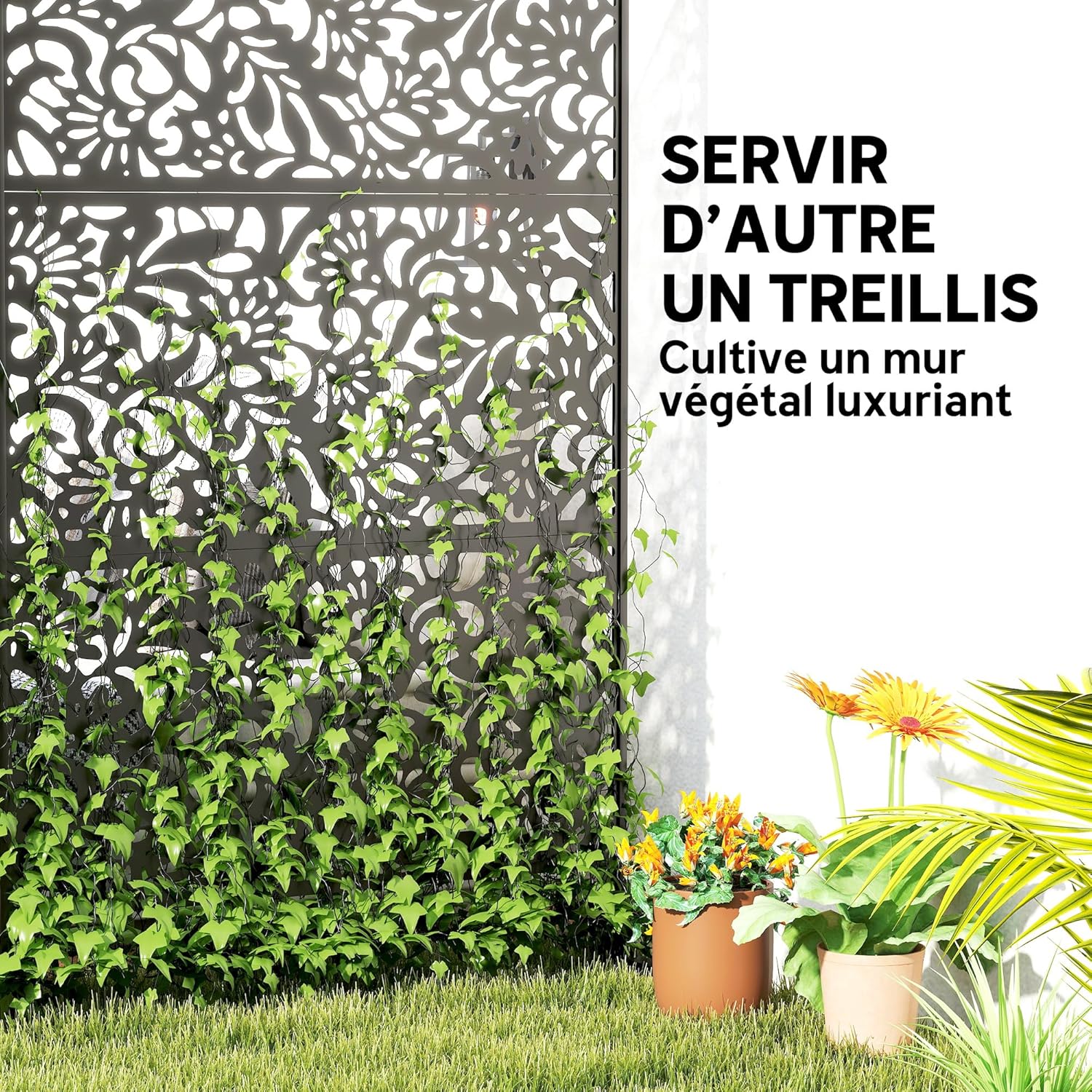 Outsunny Dekorativer Sichtschutz für den Außenbereich Dekorative Gartensichtschutzwand 3 Paneele mit Blumenmuster Außenwindschutz mit verzinkter Stahlhalterung 122 x 45 x 198 cm, Schwarz — Ansicht 4