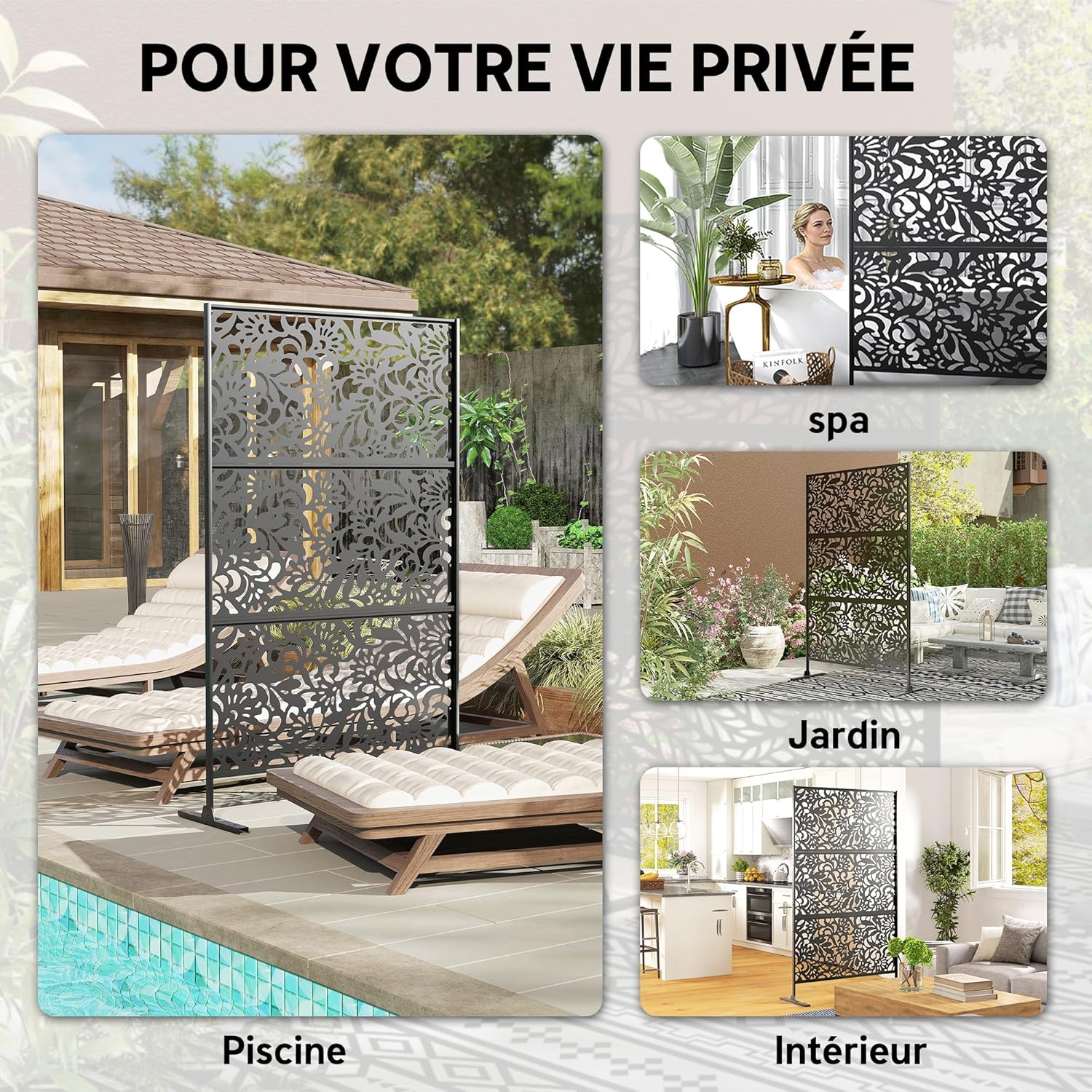 Outsunny Dekorativer Sichtschutz für den Außenbereich Dekorative Gartensichtschutzwand 3 Paneele mit Blumenmuster Außenwindschutz mit verzinkter Stahlhalterung 122 x 45 x 198 cm, Schwarz — Ansicht 6