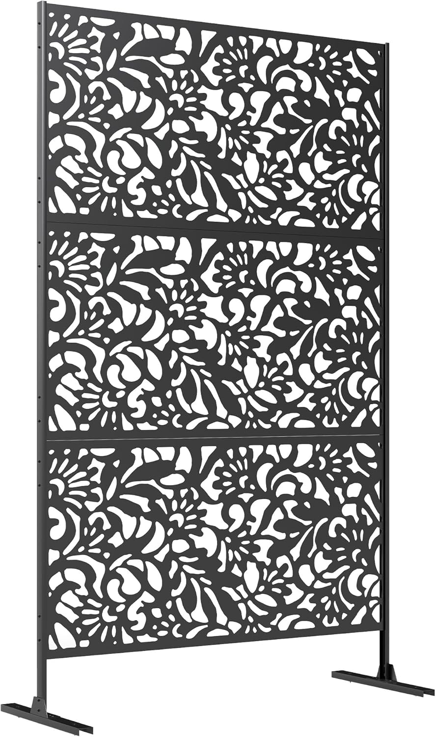 Outsunny Dekorativer Sichtschutz für den Außenbereich Dekorative Gartensichtschutzwand 3 Paneele mit Blumenmuster Außenwindschutz mit verzinkter Stahlhalterung 122 x 45 x 198 cm, Schwarz