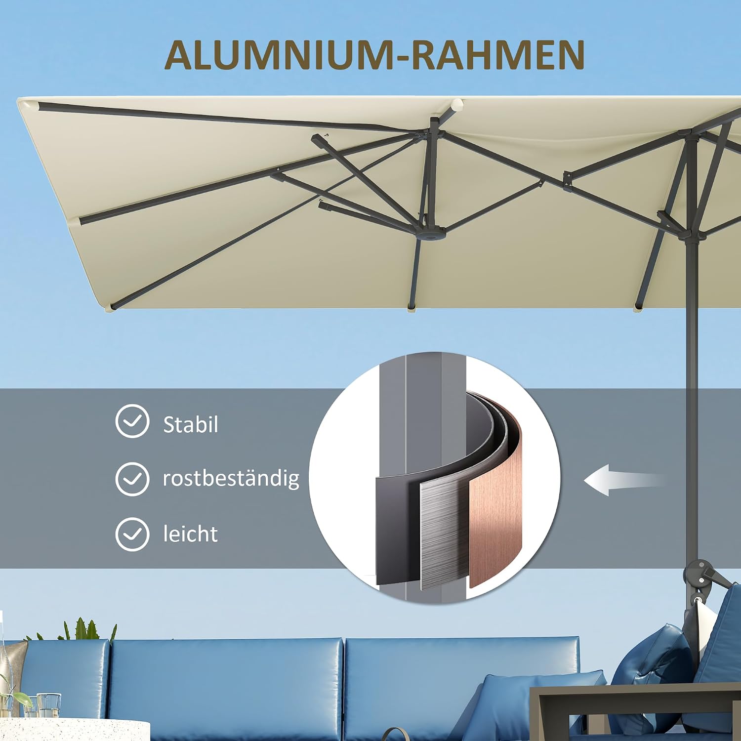 Outsunny Doppelsonnenschirm mit Kurbel UV Schutz 50+, 451 x 264 cm Gartenschirm, windfest Balkonschirm Aluminium Marktschirm Sonnenschirm Sonnenschutz für Terrasse Garten Balkon — Ansicht 5