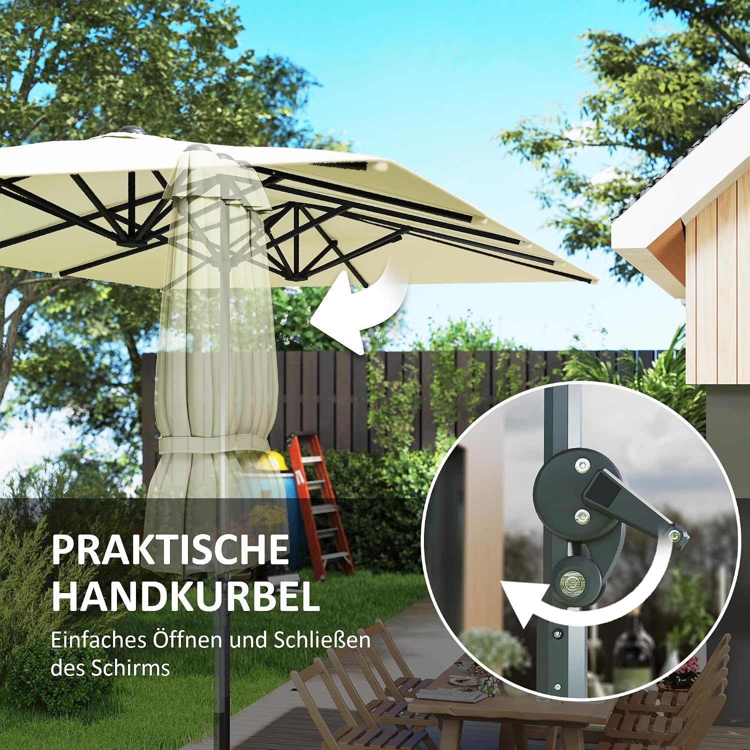 Outsunny Doppelsonnenschirm mit Kurbel UV Schutz 50+, 451 x 264 cm Gartenschirm, windfest Balkonschirm Aluminium Marktschirm Sonnenschirm Sonnenschutz für Terrasse Garten Balkon — Ansicht 6