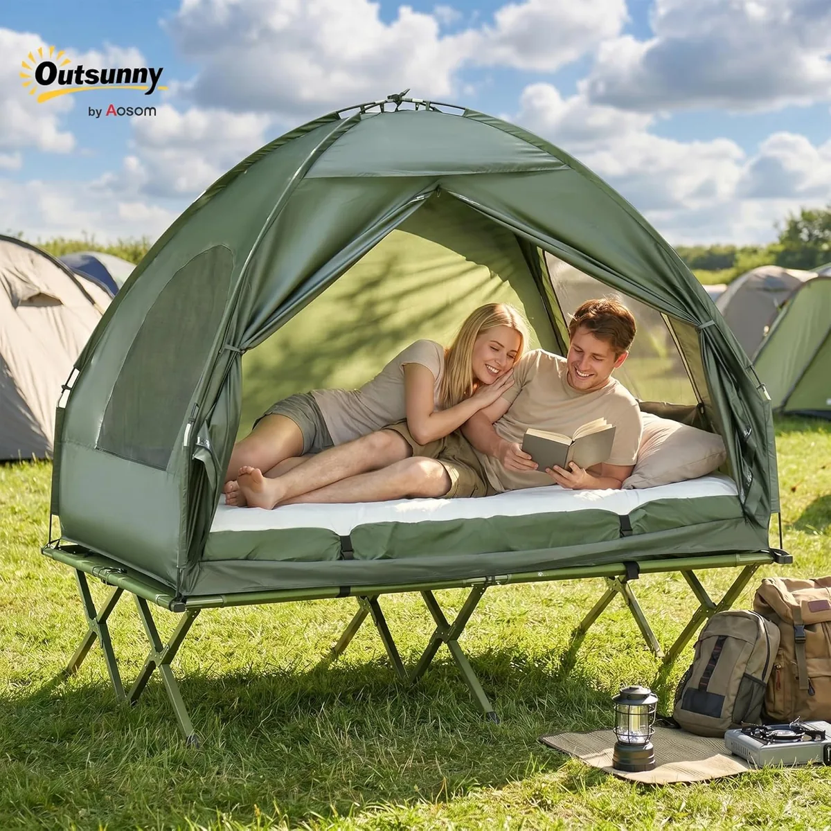 Erhöhtes Campingbett und Zelt, Feldbett, Kuppelzelt mit… — Ansicht 2
