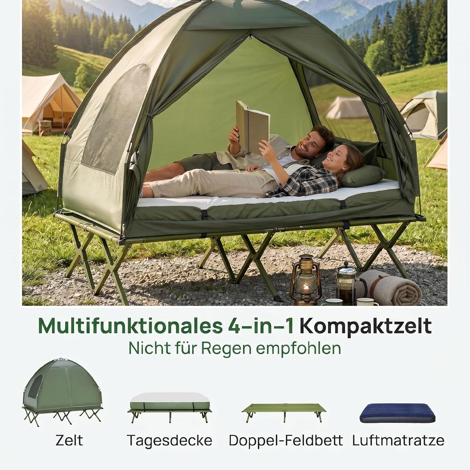 Outsunny Erhöhtes Campingbett und Zelt, Feldbett, Kuppelzelt mit Luftmatratze, inkl. Pumpe, TAFT, Grün, 193 x 136 x 178 cm — Ansicht 3