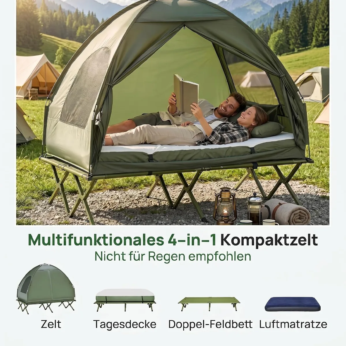 Erhöhtes Campingbett und Zelt, Feldbett, Kuppelzelt mit… — Ansicht 3