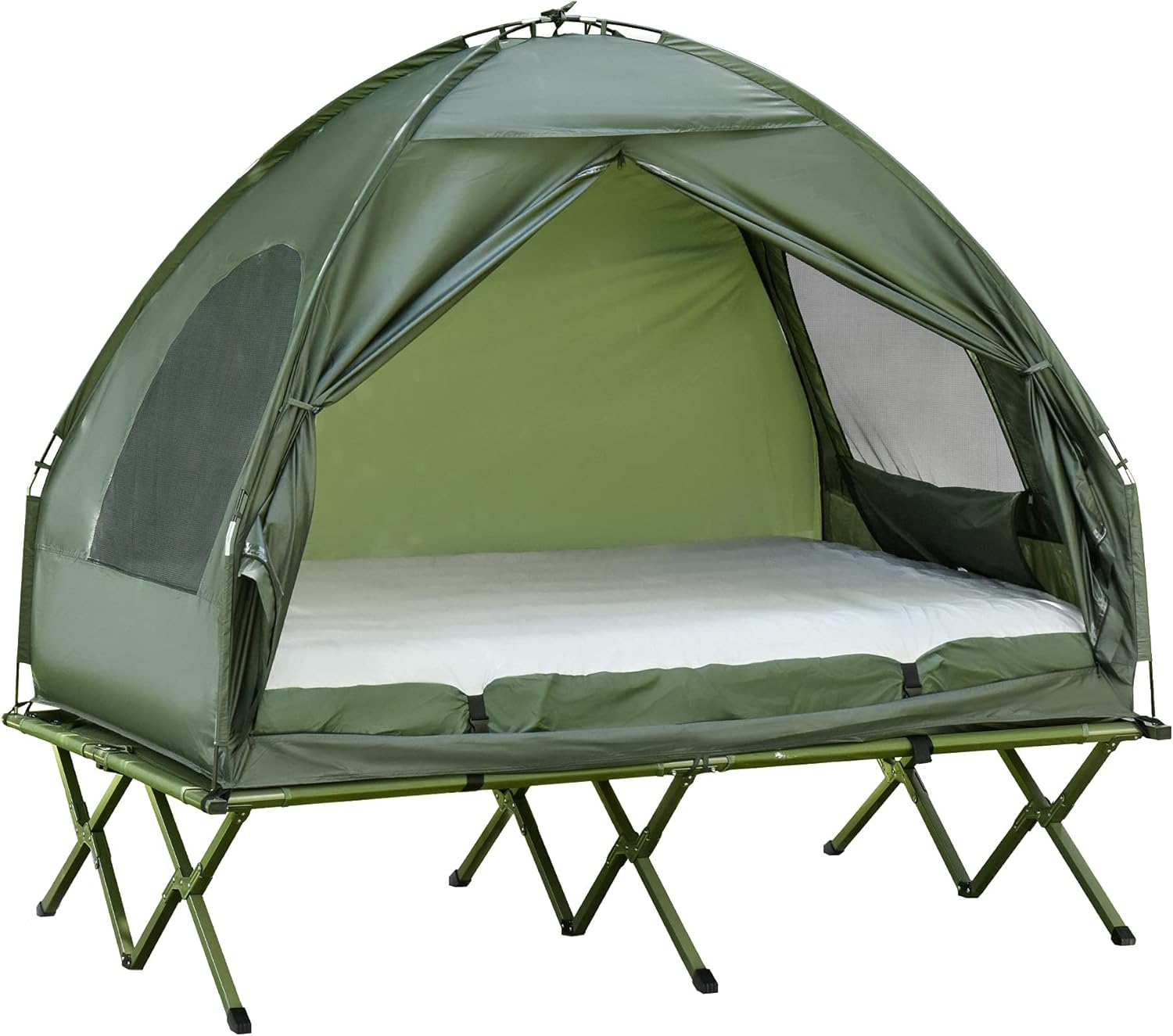 Outsunny Erhöhtes Campingbett und Zelt, Feldbett, Kuppelzelt mit Luftmatratze, inkl. Pumpe, TAFT, Grün, 193 x 136 x 178 cm
