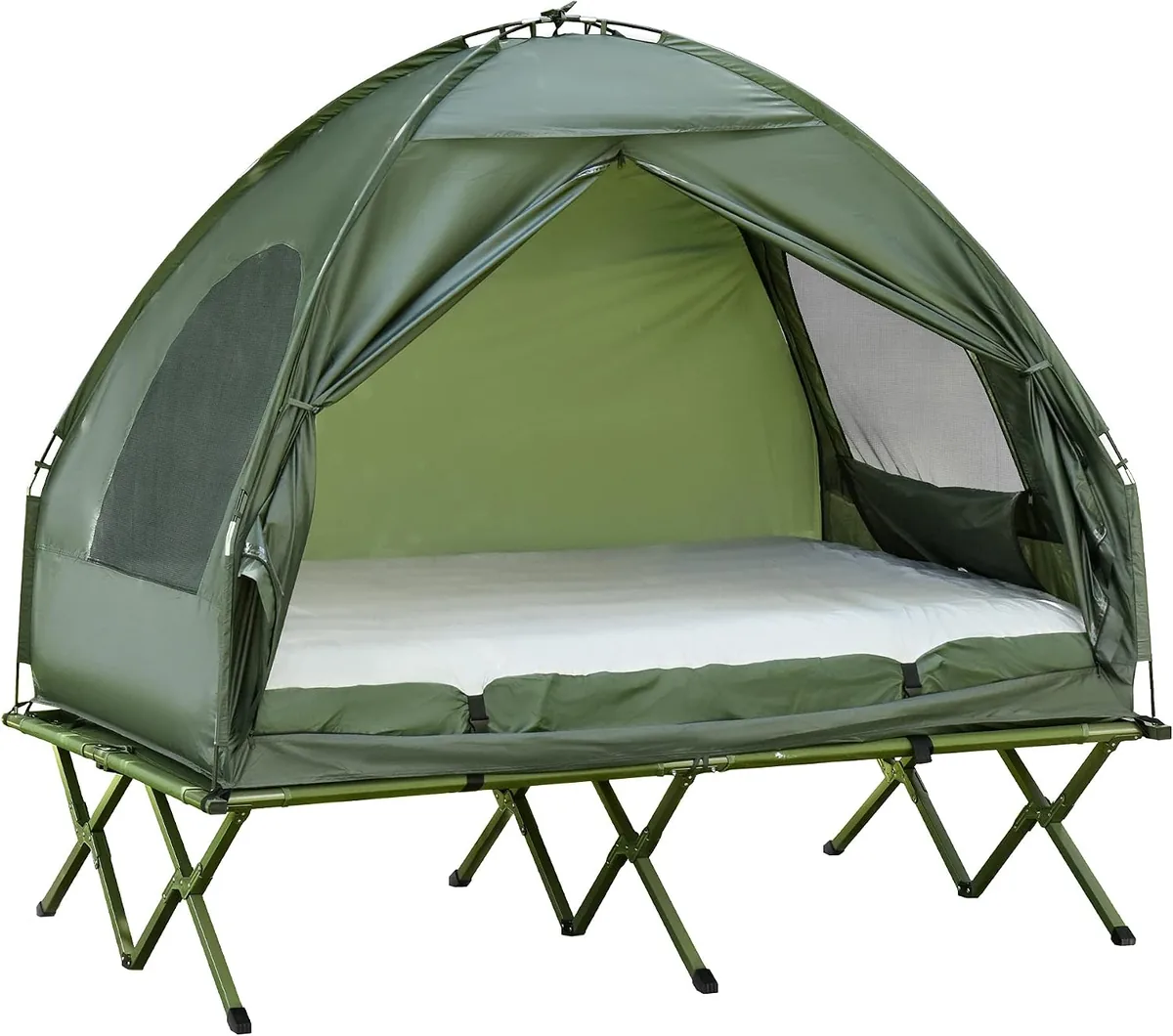Erhöhtes Campingbett und Zelt, Feldbett, Kuppelzelt mit…