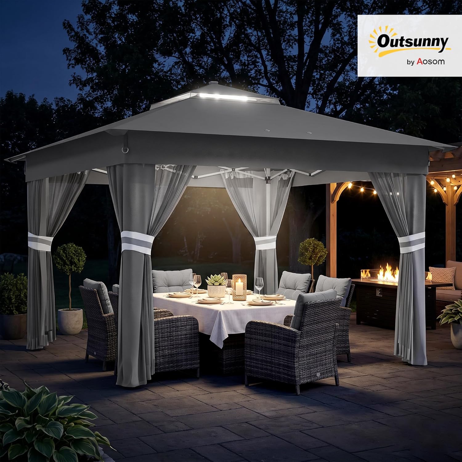 Outsunny Faltpavillon ca. 3 x 3 m, Pavillon mit LED, 4 Netzvorhängen, Seitenwand, Gartenpavillon mit Wassersack, Doppeldach, Tragetasche, für Balkon, Terrasse, Dunkelgrau — Ansicht 2