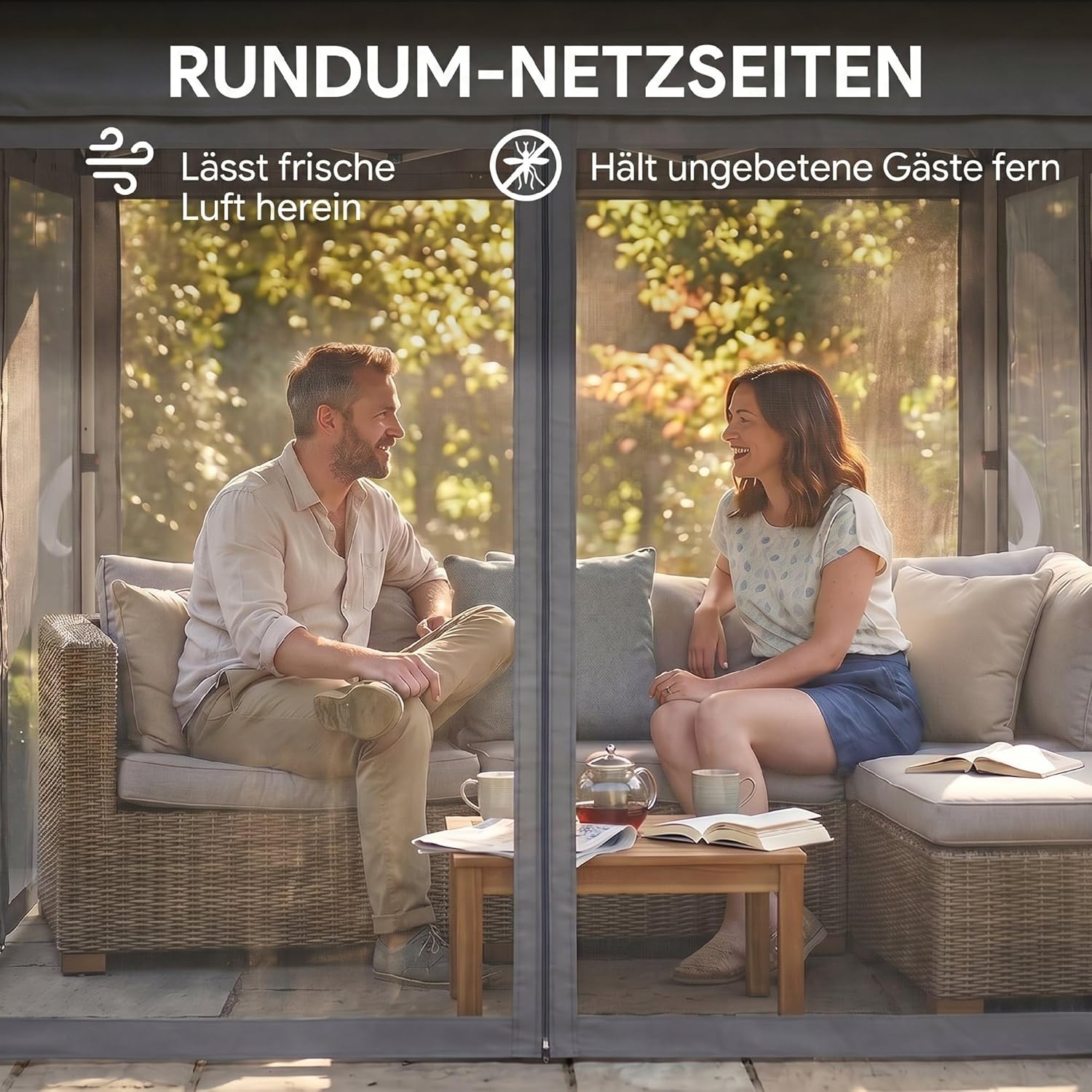 Outsunny Faltpavillon ca. 3 x 3 m, Pavillon mit LED, 4 Netzvorhängen, Seitenwand, Gartenpavillon mit Wassersack, Doppeldach, Tragetasche, für Balkon, Terrasse, Dunkelgrau — Ansicht 5