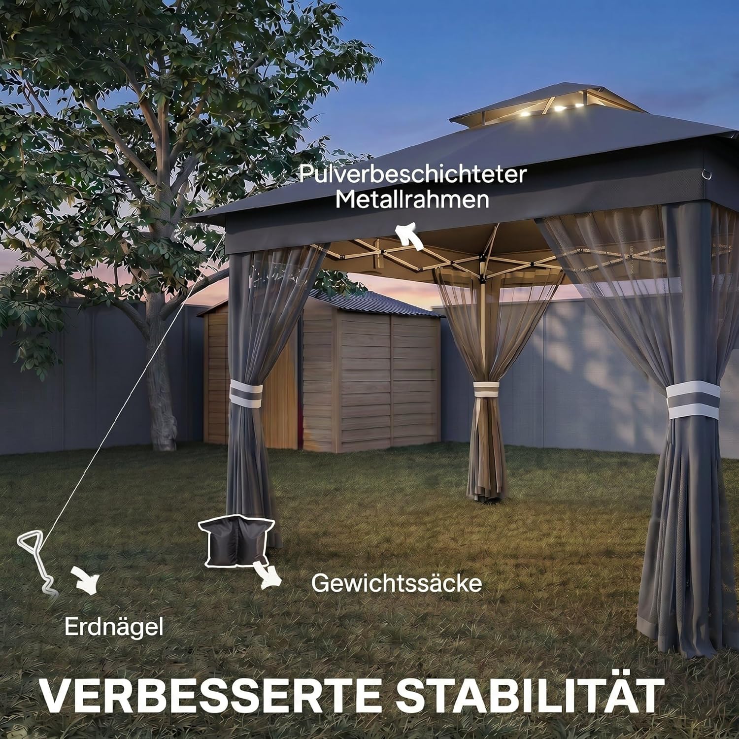 Outsunny Faltpavillon ca. 3 x 3 m, Pavillon mit LED, 4 Netzvorhängen, Seitenwand, Gartenpavillon mit Wassersack, Doppeldach, Tragetasche, für Balkon, Terrasse, Dunkelgrau — Ansicht 6
