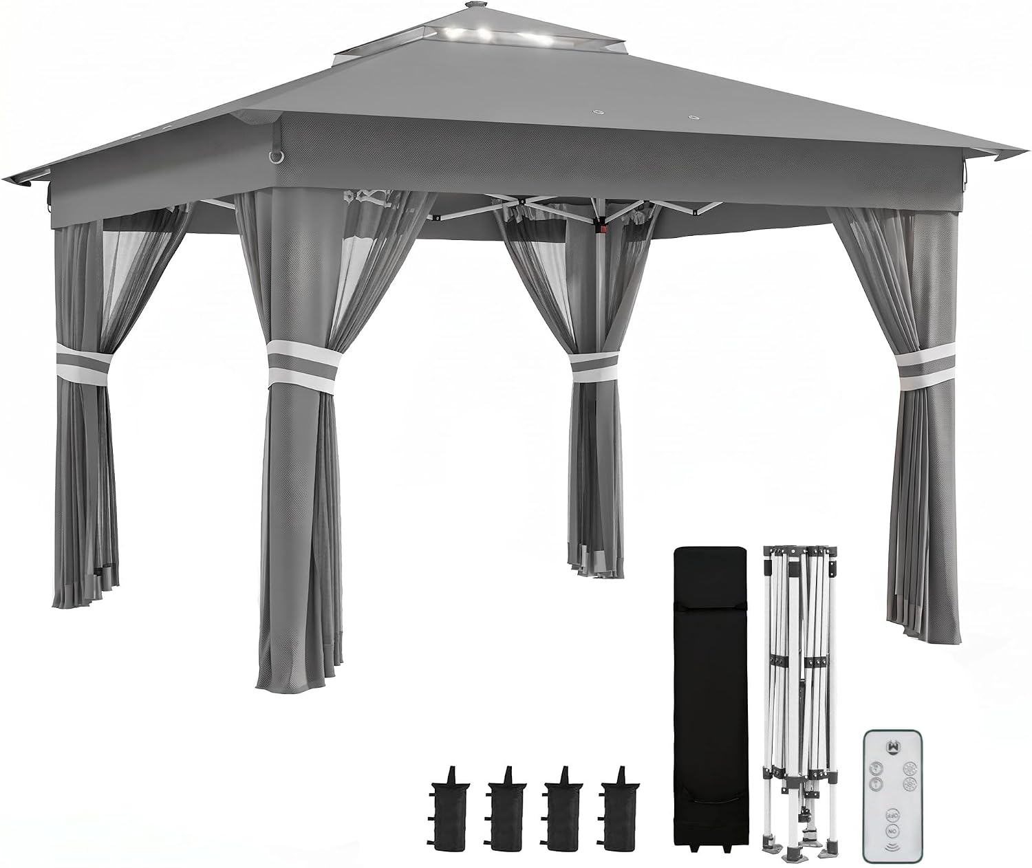Outsunny Faltpavillon ca. 3 x 3 m, Pavillon mit LED, 4 Netzvorhängen, Seitenwand, Gartenpavillon mit Wassersack, Doppeldach, Tragetasche, für Balkon, Terrasse, Dunkelgrau