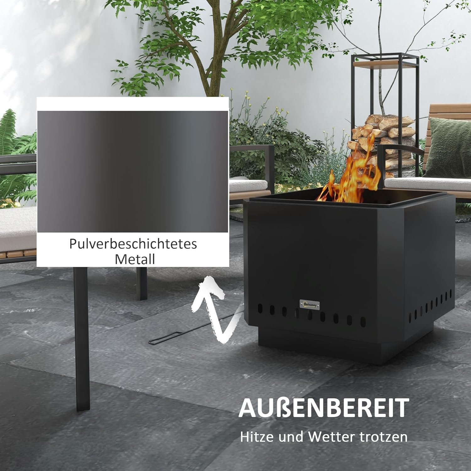 Outsunny Feuerschale, quadratischer Feuerstelle, rauchfreier Feuerkorb mit Schürhaken, Tischfeuer für Garten, Camping, Terrasse, Metall, Schwarz — Ansicht 4