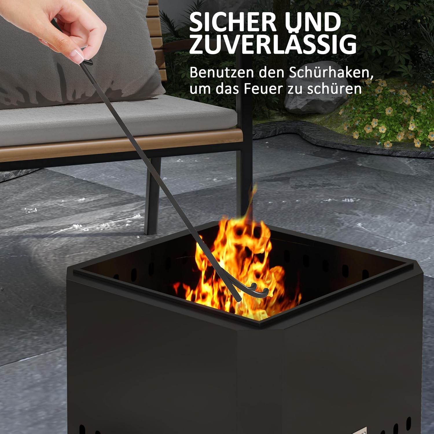 Outsunny Feuerschale, quadratischer Feuerstelle, rauchfreier Feuerkorb mit Schürhaken, Tischfeuer für Garten, Camping, Terrasse, Metall, Schwarz — Ansicht 5