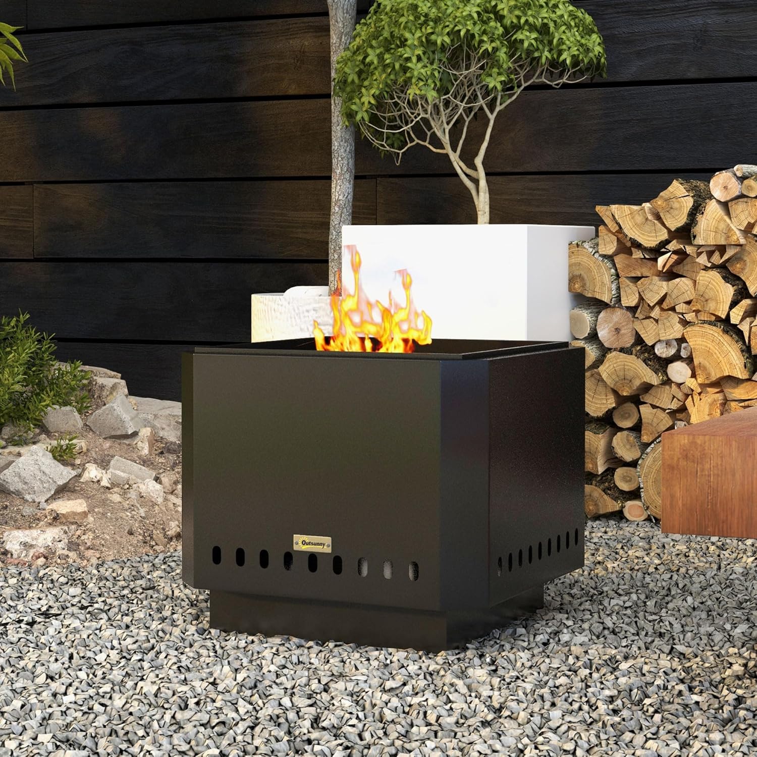 Outsunny Feuerschale, quadratischer Feuerstelle, rauchfreier Feuerkorb mit Schürhaken, Tischfeuer für Garten, Camping, Terrasse, Metall, Schwarz — Ansicht 6
