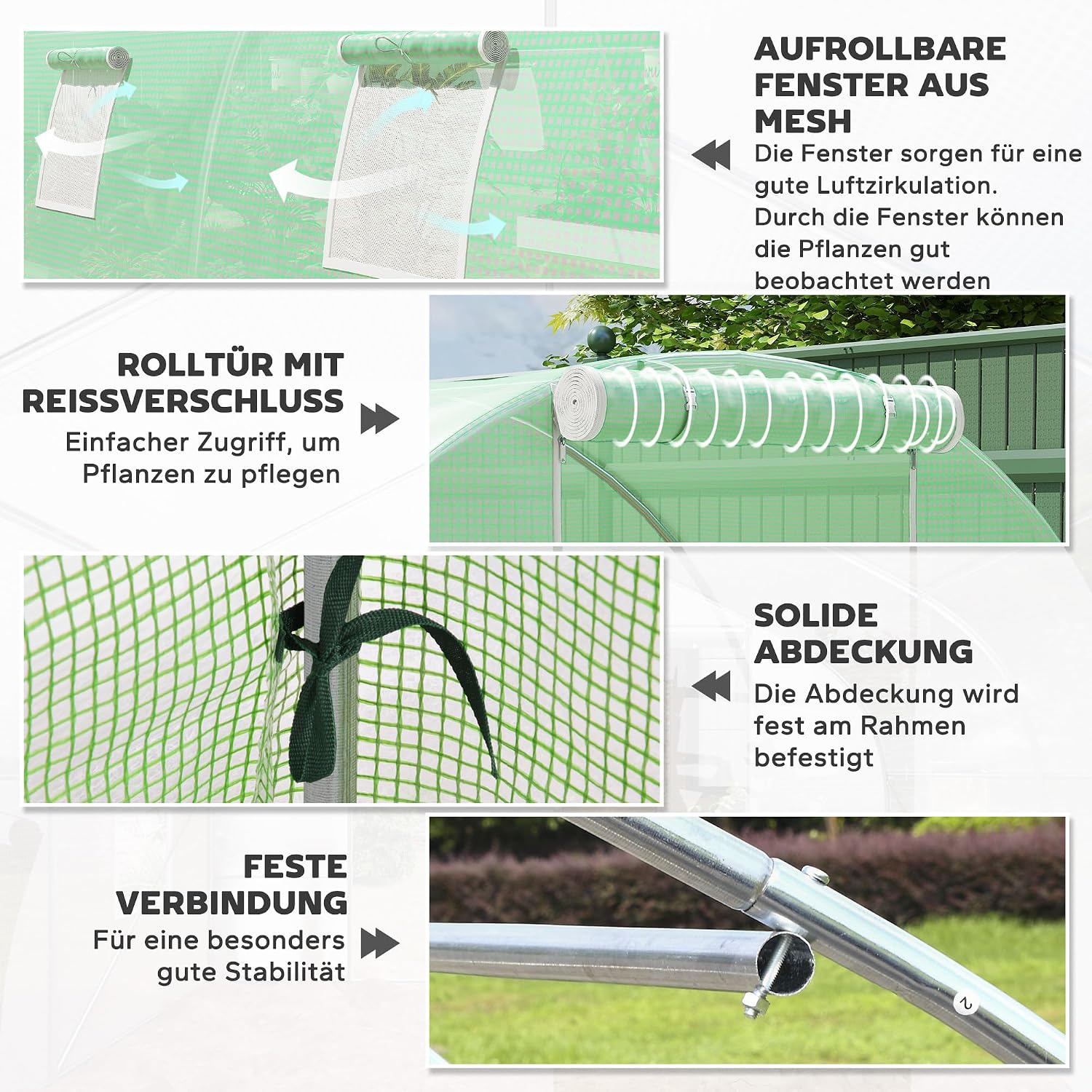 Outsunny Foliengewächshaus begehbares Polytunnel 6 x 3 m Gewächshaus mit 8 Fenster Treibhaus Frostschutz Stahlrohr Dunkelgrün — Ansicht 5