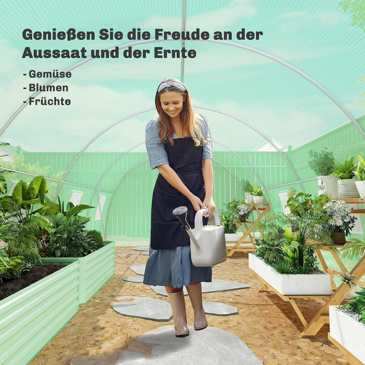 Outsunny Foliengewächshaus begehbares Polytunnel 6 x 3 m Gewächshaus mit 8 Fenster Treibhaus Frostschutz Stahlrohr Dunkelgrün — Ansicht 6
