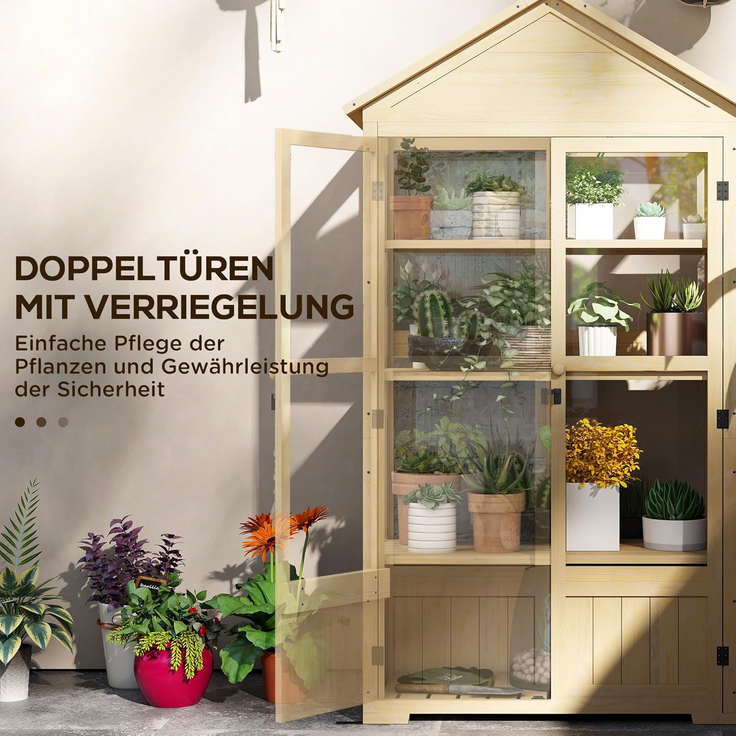 Outsunny Frühbeet aus Holz Abschließbar Gewächshaus Treibhaus mit 4 Ebenen, Dachfenster, Frühbeetkasten mit Doppeltür, für Garten, Balkon, Natur, 100 x 56,5 x 178 cm — Ansicht 5