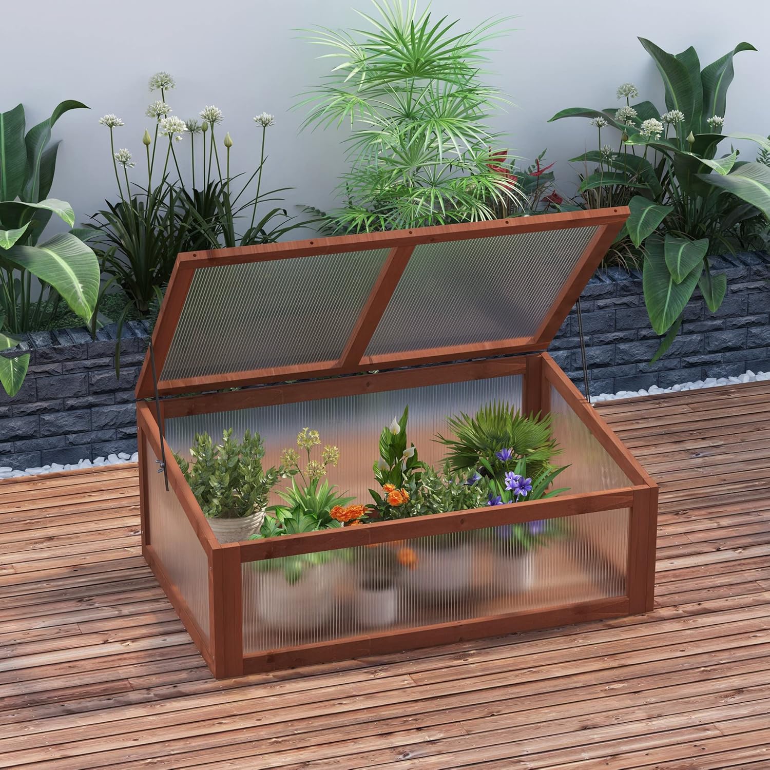 Outsunny Frühbeet Holz, Mini Gewächshaus 100 x 65 x 40 cm, Treibhaus mit Abdeckung, UV Schutz, lichtdurchlässig Frühbeetkasten, Winterfest Hochbeet für Garten, Braun — Ansicht 2