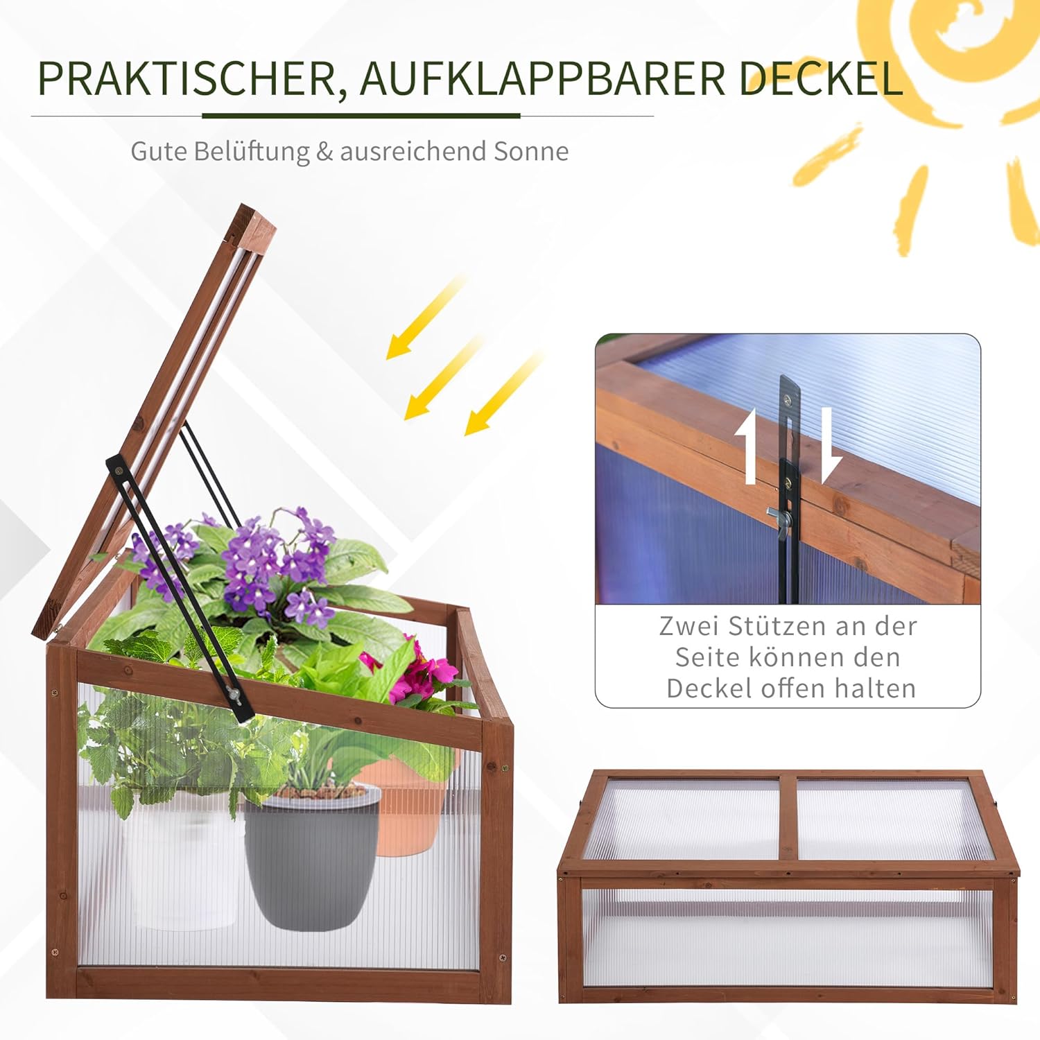 Outsunny Frühbeet Holz, Mini Gewächshaus 100 x 65 x 40 cm, Treibhaus mit Abdeckung, UV Schutz, lichtdurchlässig Frühbeetkasten, Winterfest Hochbeet für Garten, Braun — Ansicht 5