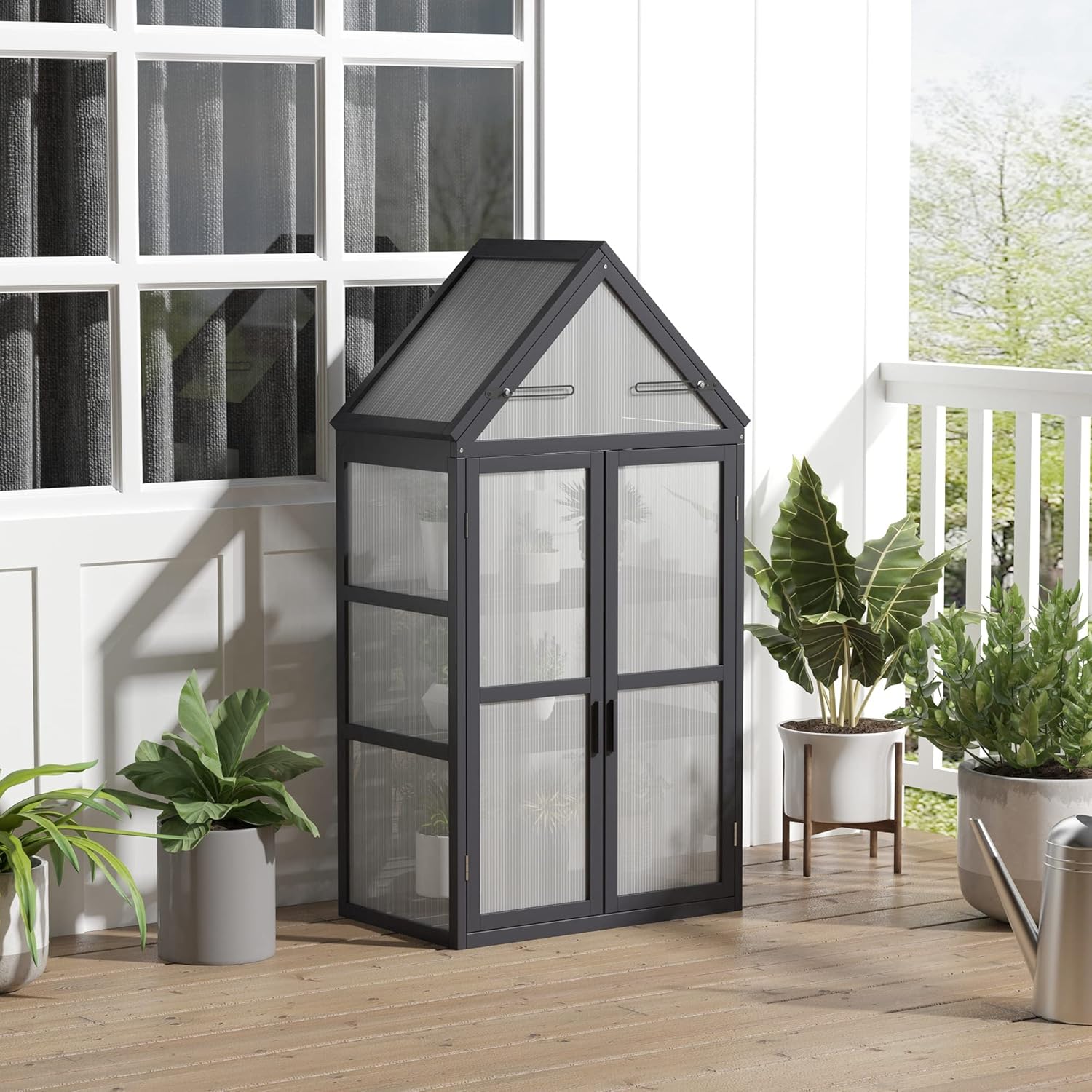 Outsunny Frühbeet Pflanzenbeet mit 3 Ebenen, aufklappbarem Dach wetterfest Mini Gewächshaus mit Doppeltüren Treibhaus aus Holz Polycarbonat Natur 70,5 x 42 x 132 cm — Ansicht 2