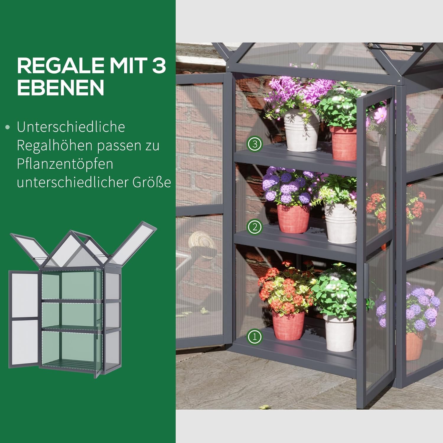 Outsunny Frühbeet Pflanzenbeet mit 3 Ebenen, aufklappbarem Dach wetterfest Mini Gewächshaus mit Doppeltüren Treibhaus aus Holz Polycarbonat Natur 70,5 x 42 x 132 cm — Ansicht 5