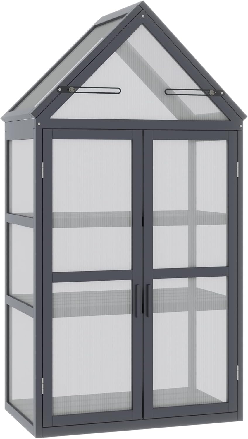 Outsunny Frühbeet Pflanzenbeet mit 3 Ebenen, aufklappbarem Dach wetterfest Mini Gewächshaus mit Doppeltüren Treibhaus aus Holz Polycarbonat Natur 70,5 x 42 x 132 cm