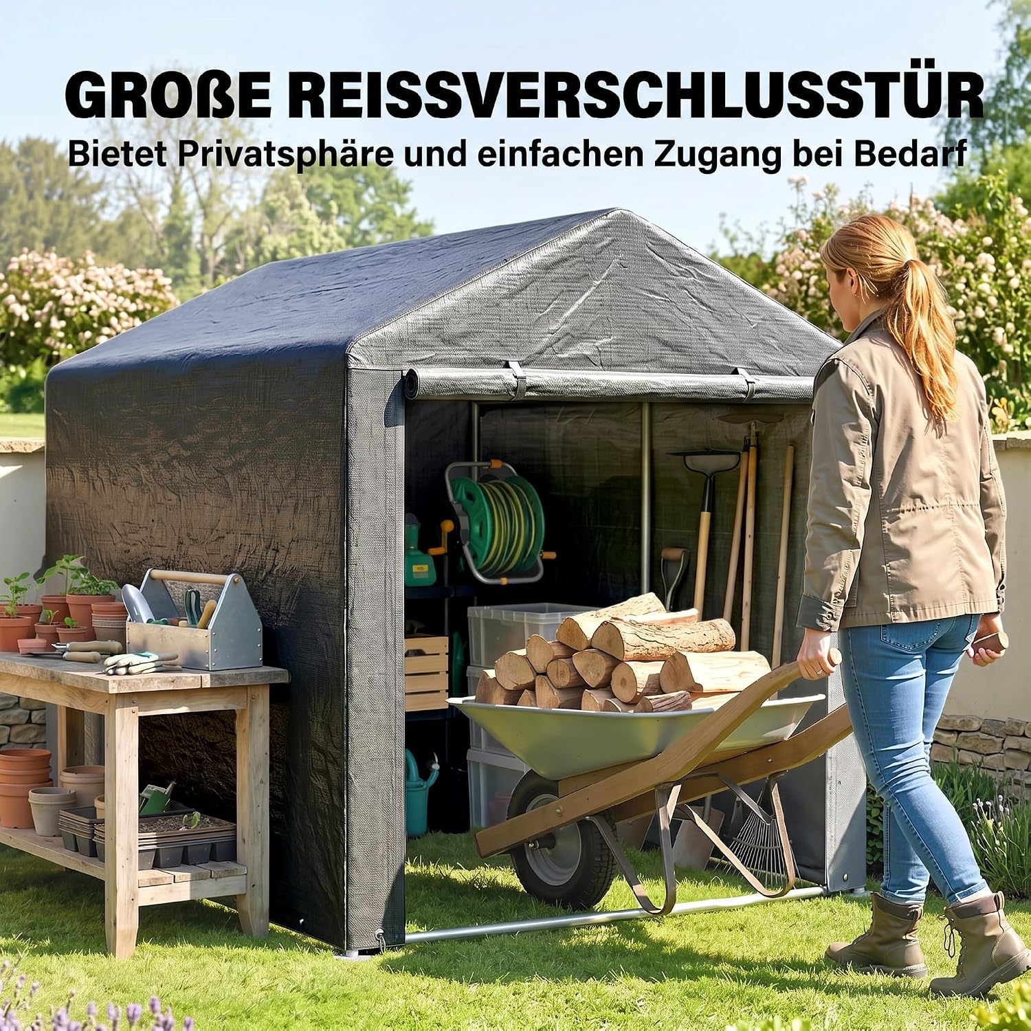Outsunny Garagenzelt, 1,6 x 2,18 x 1,72 m Lagerzelt mit UV-Schutz, Reißverschlusstür, Wasserabweisend Foliengarage für Gartengeräte, Motorrad, Dunkelgrau — Ansicht 5
