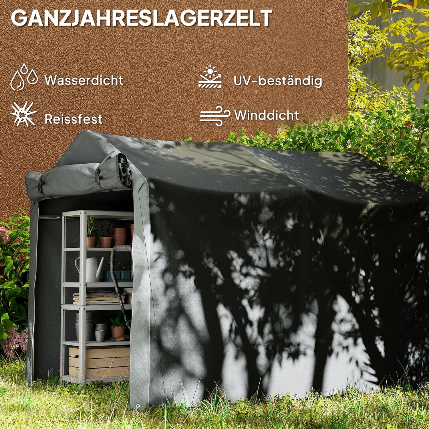 Outsunny Garagenzelt, wasserdicht Zeltgarage mit Rolltür, UV-beständig Fahrradabdeckung Gerätehaus Gerätezelt, Foliengerätehaus Fahradgarage für Terrasse, Garten, 220 x 157 x 165 cm Dunkelgrau — Ansicht 3