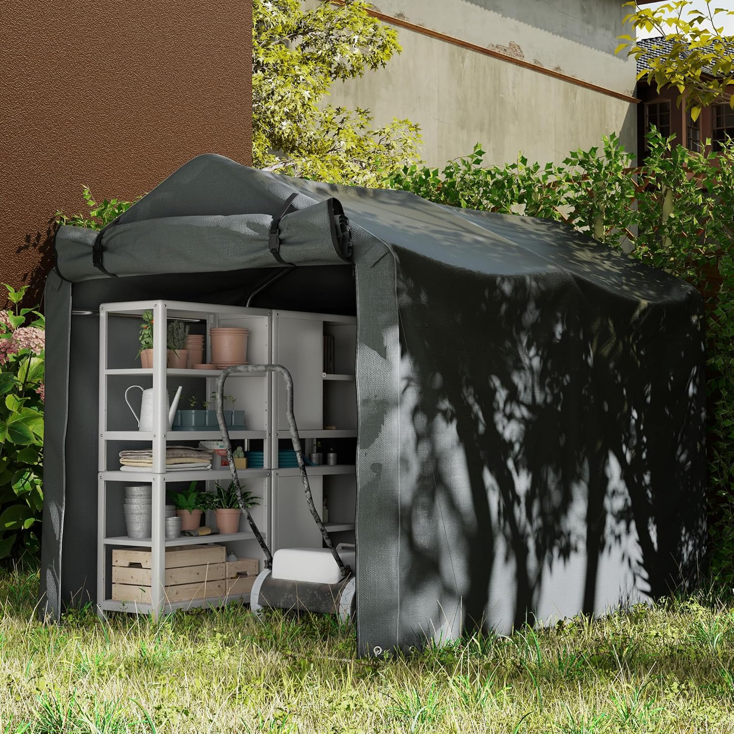 Outsunny Garagenzelt, wasserdicht Zeltgarage mit Rolltür, UV-beständig Fahrradabdeckung Gerätehaus Gerätezelt, Foliengerätehaus Fahradgarage für Terrasse, Garten, 220 x 157 x 165 cm Dunkelgrau — Ansicht 6