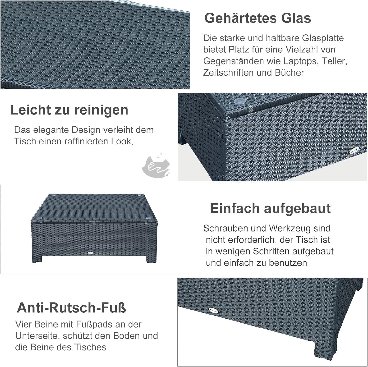 Outsunny Garten Beistelltisch Couchtisch Gartentisch Balkontisch Polyrattan Schwarz 85 x 50 x 39 cm — Ansicht 5