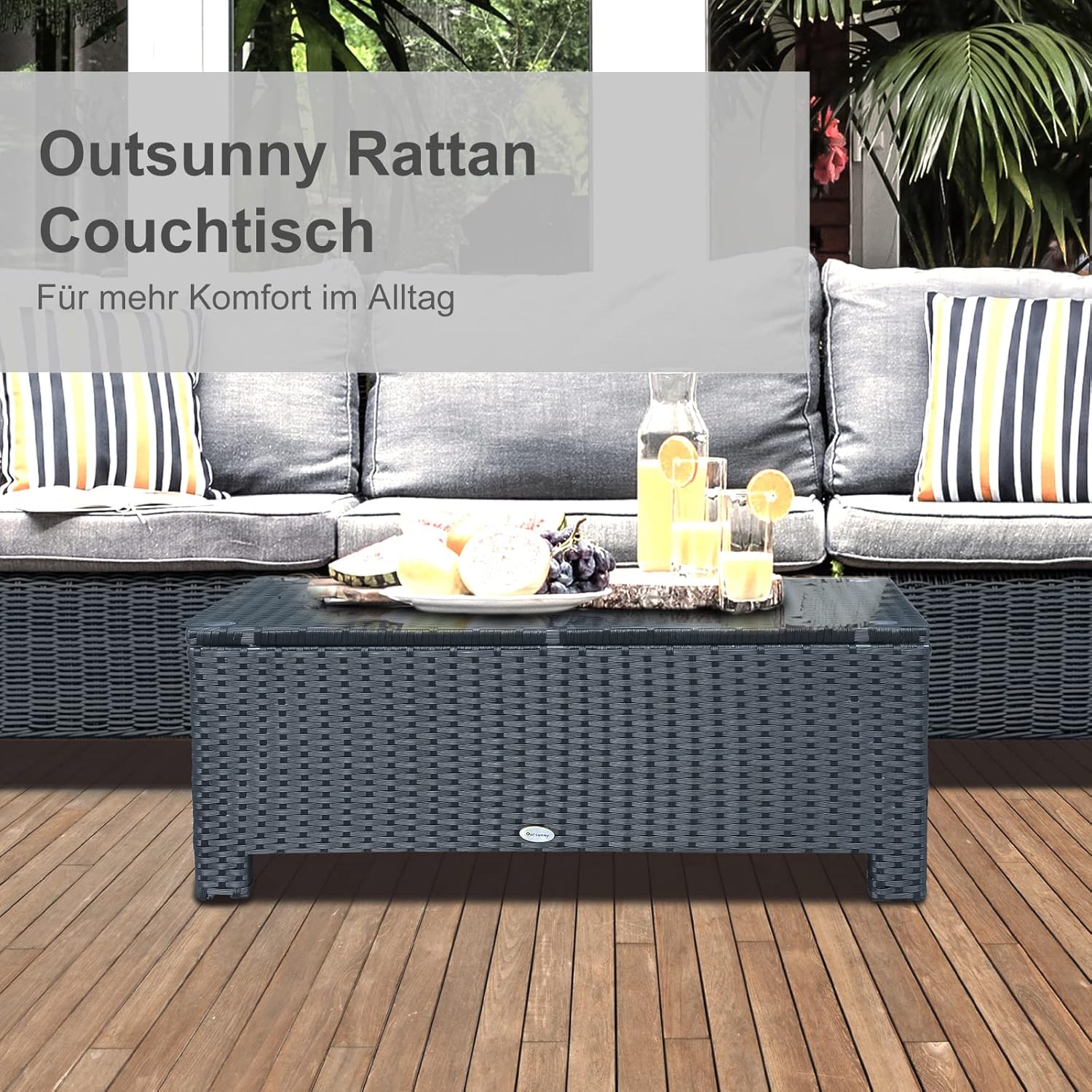 Outsunny Garten Beistelltisch Couchtisch Gartentisch Balkontisch Polyrattan Schwarz 85 x 50 x 39 cm — Ansicht 6
