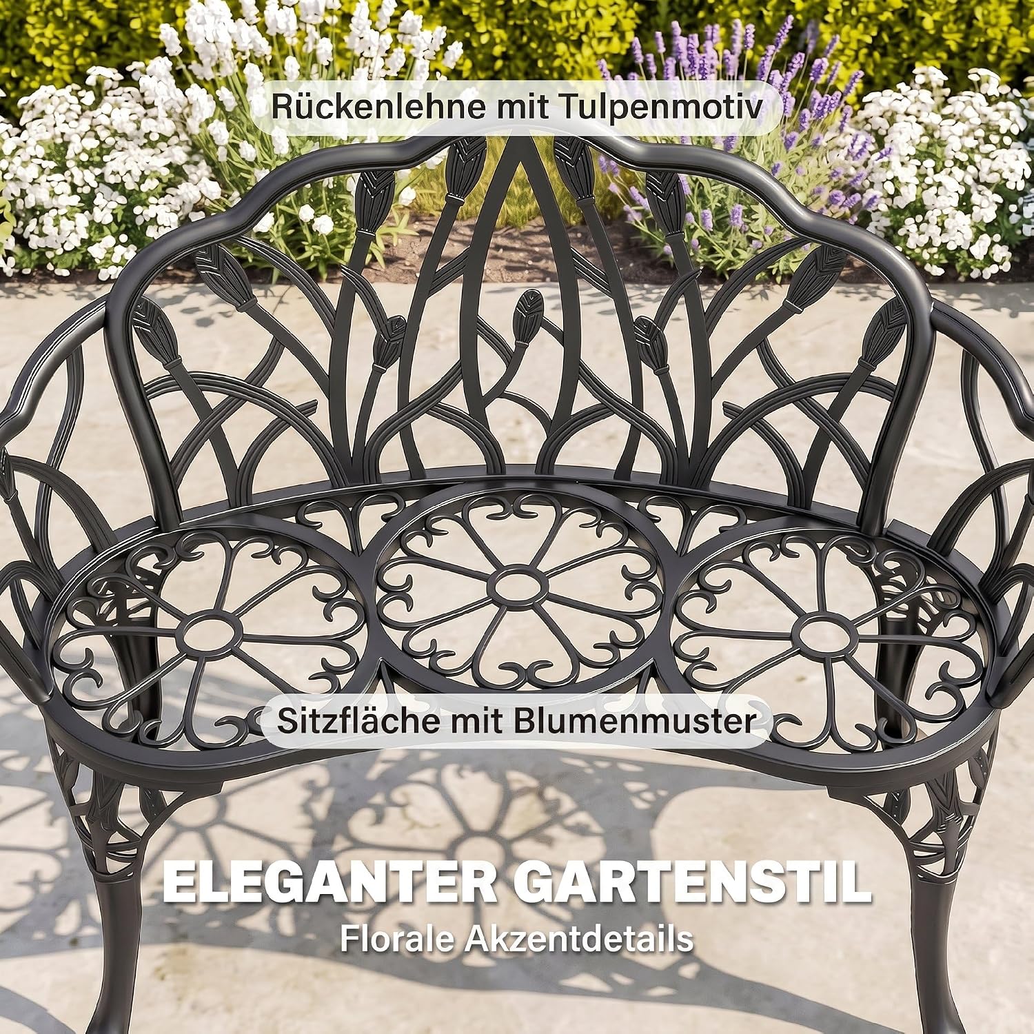 Outsunny Gartenbank 2-Sitzer Gussaluminium wetterfest Outdoor Sitzbank mit Tulpen-Rückenlehne Blumenmotiv, Durchbrochene Balkonbank bis 240kg Gartenmöbel Parkbank für Garten Park 99 x 57 x 78 cm — Ansicht 4