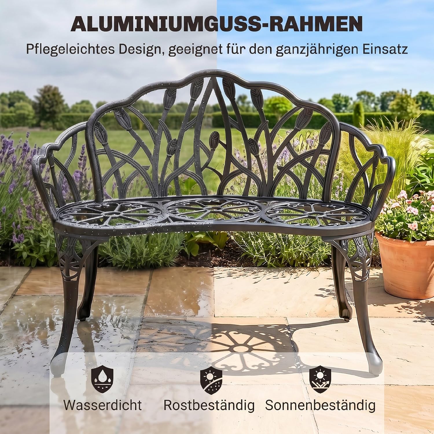 Outsunny Gartenbank 2-Sitzer Gussaluminium wetterfest Outdoor Sitzbank mit Tulpen-Rückenlehne Blumenmotiv, Durchbrochene Balkonbank bis 240kg Gartenmöbel Parkbank für Garten Park 99 x 57 x 78 cm — Ansicht 5