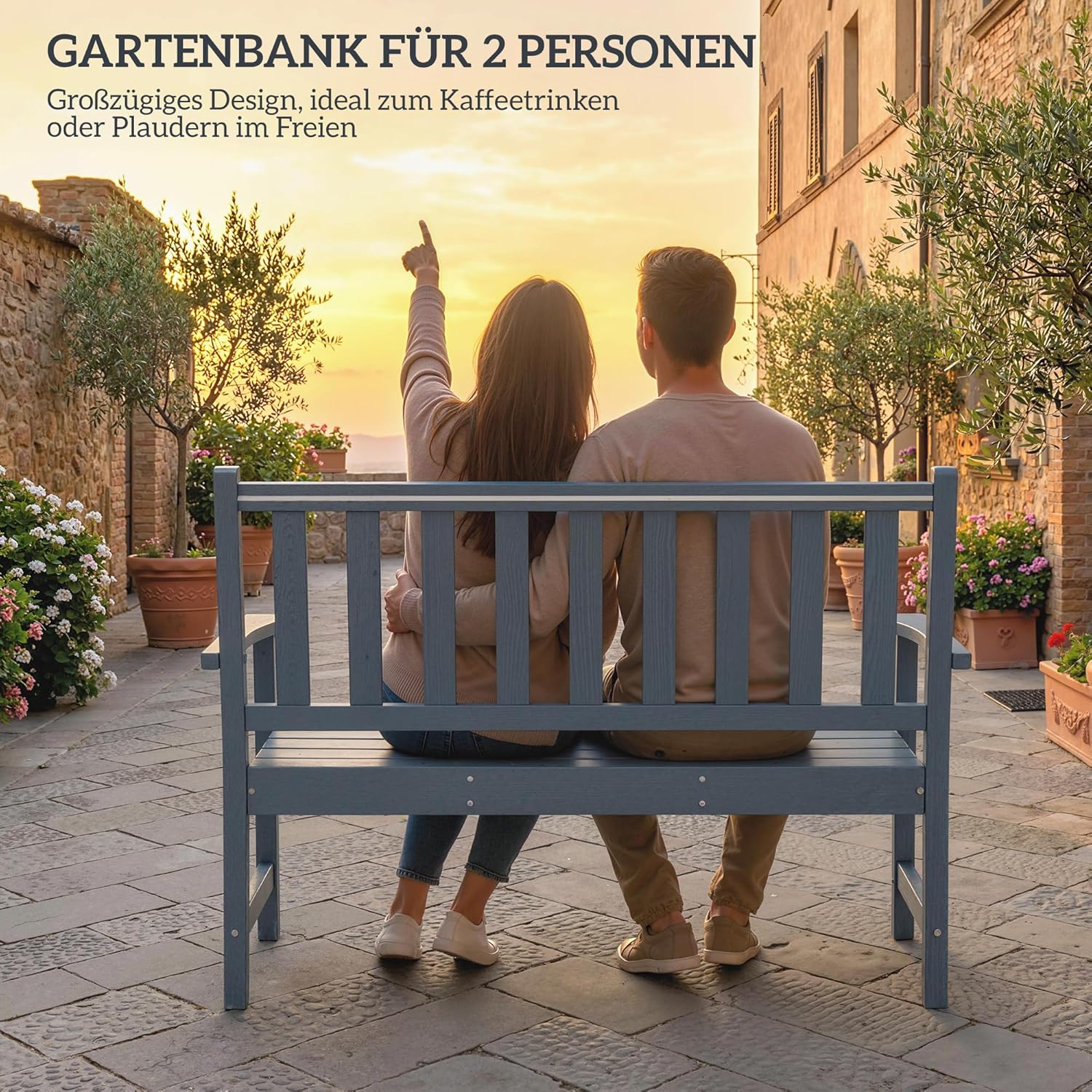Outsunny Gartenbank 2-Sitzer wetterfest Kunststoff Outdoor Sitzbank mit Lamelldesign Holzoptik Rückenlehne Ergonomisch Balkonbank bis 240kg Parkbank Gartenmöbel für Garten Park 130 x 59 x 91cm Grau — Ansicht 5