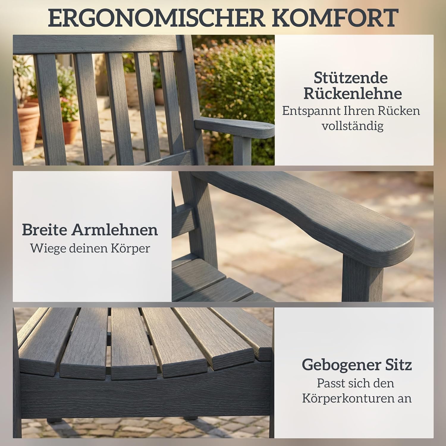 Outsunny Gartenbank 2-Sitzer wetterfest Kunststoff Outdoor Sitzbank mit Lamelldesign Holzoptik Rückenlehne Ergonomisch Balkonbank bis 240kg Parkbank Gartenmöbel für Garten Park 130 x 59 x 91cm Grau — Ansicht 6