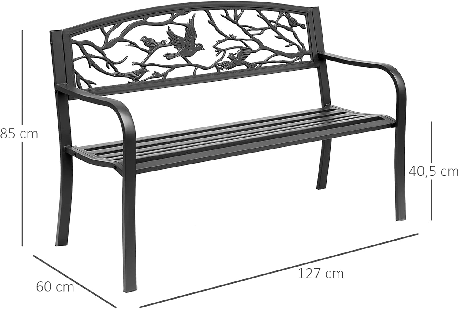 Outsunny Gartenbank 3-Sitzer Bank Terrasse Landhausstil Chic 127L x 60l x 85H cm korrosionsbeständiges Metall Epoxy Schwarz — Ansicht 3