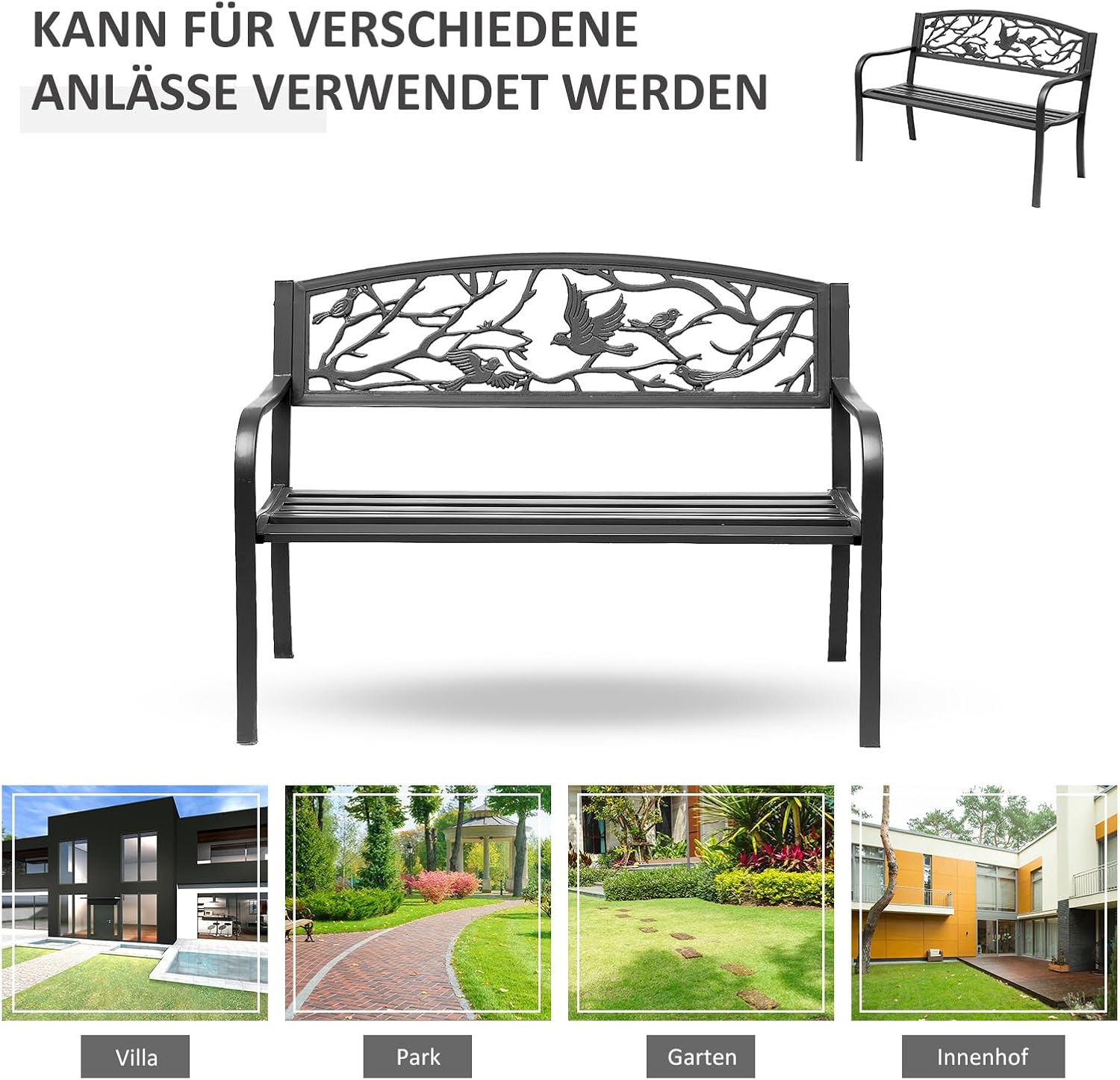 Outsunny Gartenbank 3-Sitzer Bank Terrasse Landhausstil Chic 127L x 60l x 85H cm korrosionsbeständiges Metall Epoxy Schwarz — Ansicht 5