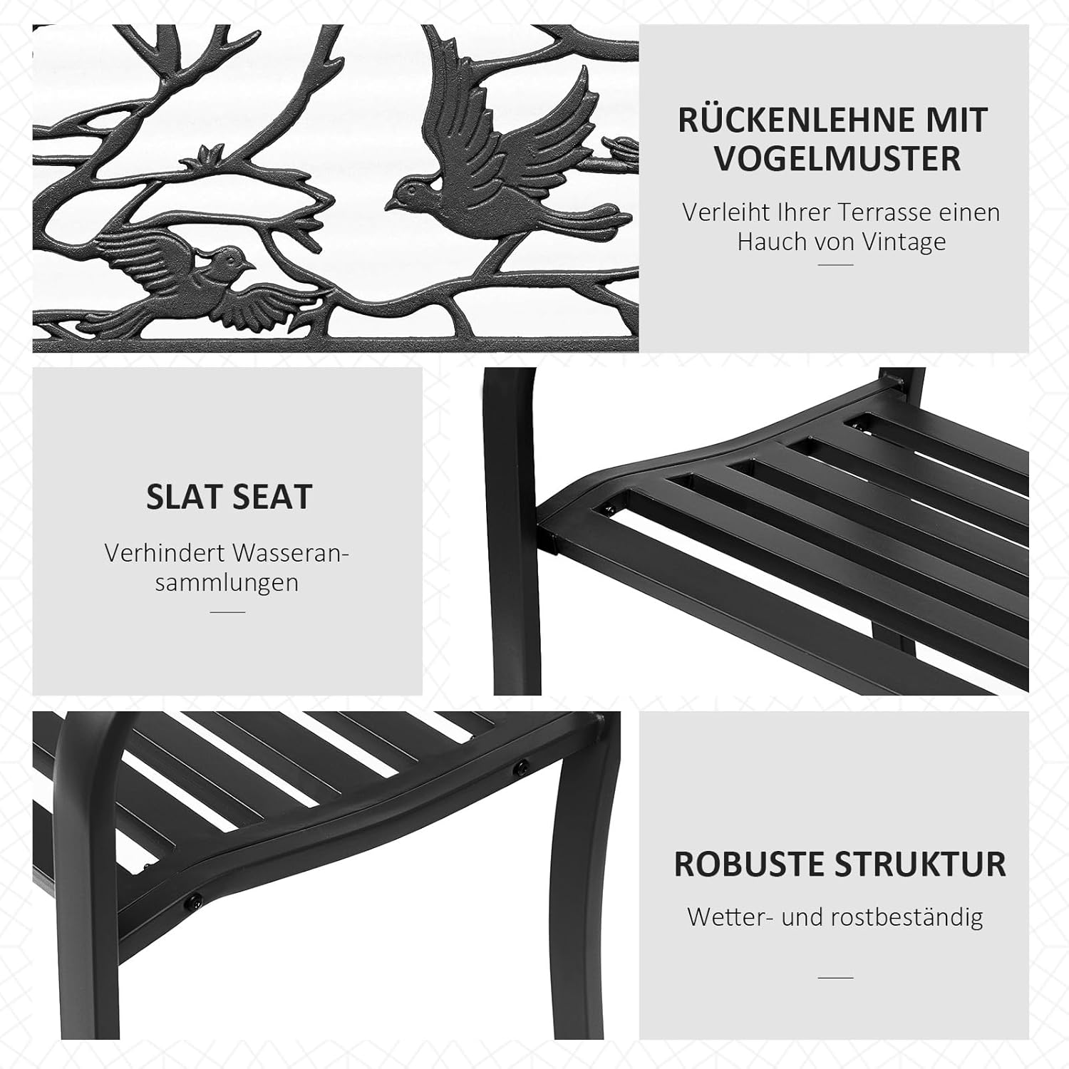 Outsunny Gartenbank 3-Sitzer Bank Terrasse Landhausstil Chic 127L x 60l x 85H cm korrosionsbeständiges Metall Epoxy Schwarz — Ansicht 6