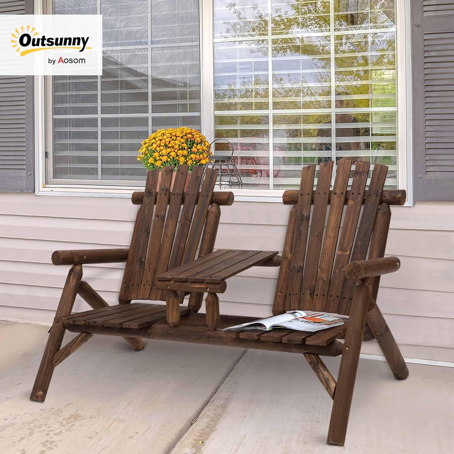 Outsunny Gartenbank mit Tisch, Gartenmöbel, Sitzbank, 2 Stühle, Massivholz, Braun, 157 x 88 x 103 cm — Ansicht 2