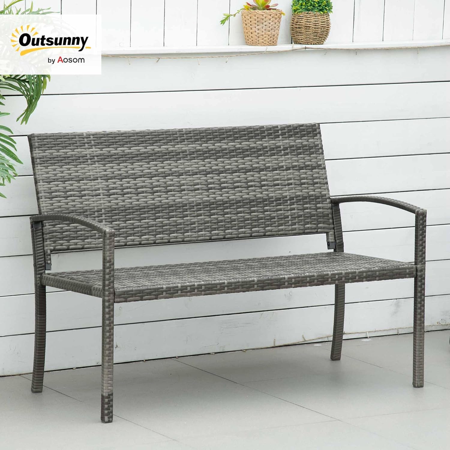 Outsunny Gartenbank Polyrattan 2-Sitzer UV-beständig Sitzbank mit ergonomischen Armlehnen Rückenlehne Gartenmöbel Parkbank bis 240kg belastbar Balkonbank für Garten Terrasse, 122x60x85cm, Grau — Ansicht 2