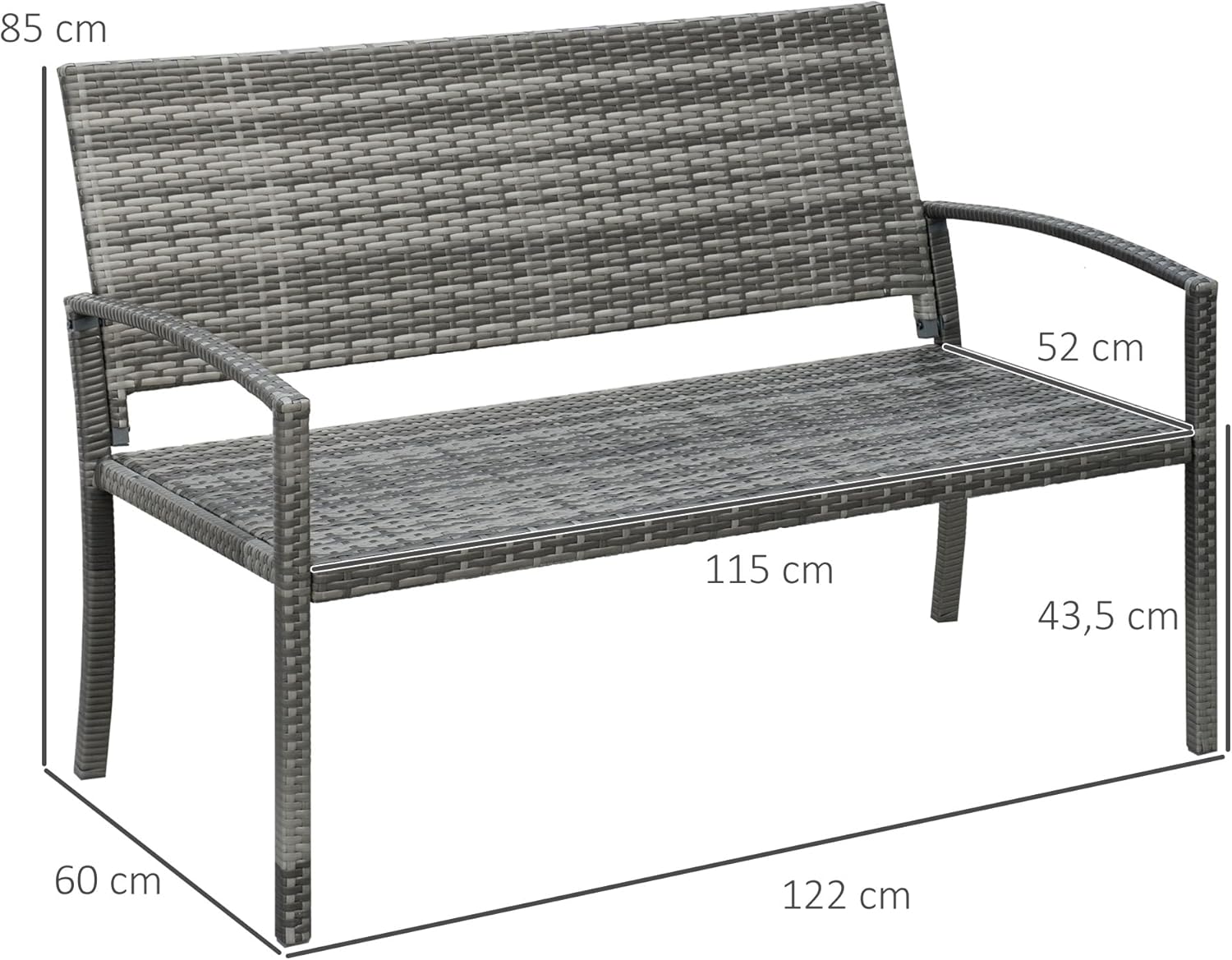 Outsunny Gartenbank Polyrattan 2-Sitzer UV-beständig Sitzbank mit ergonomischen Armlehnen Rückenlehne Gartenmöbel Parkbank bis 240kg belastbar Balkonbank für Garten Terrasse, 122x60x85cm, Grau — Ansicht 3