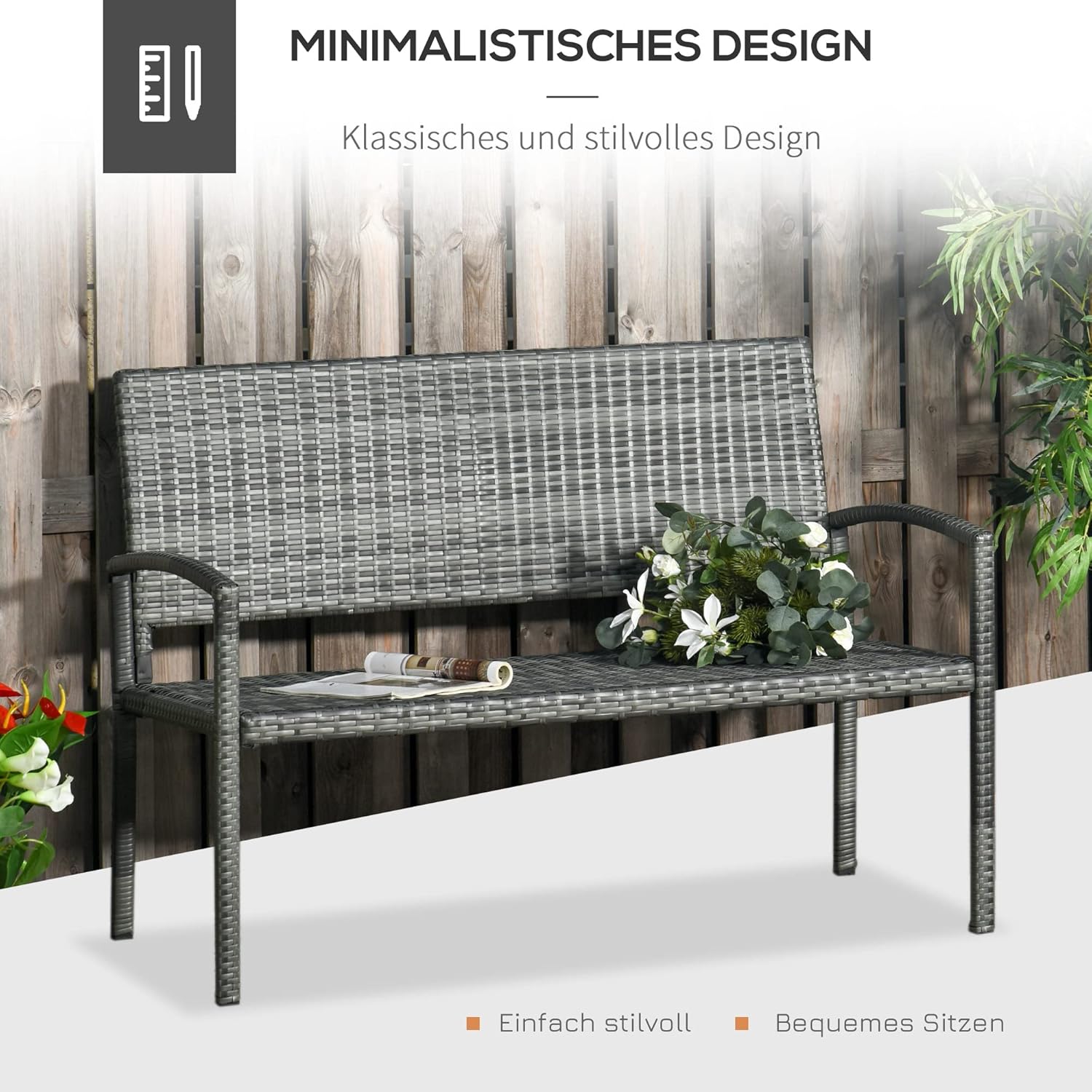 Outsunny Gartenbank Polyrattan 2-Sitzer UV-beständig Sitzbank mit ergonomischen Armlehnen Rückenlehne Gartenmöbel Parkbank bis 240kg belastbar Balkonbank für Garten Terrasse, 122x60x85cm, Grau — Ansicht 5