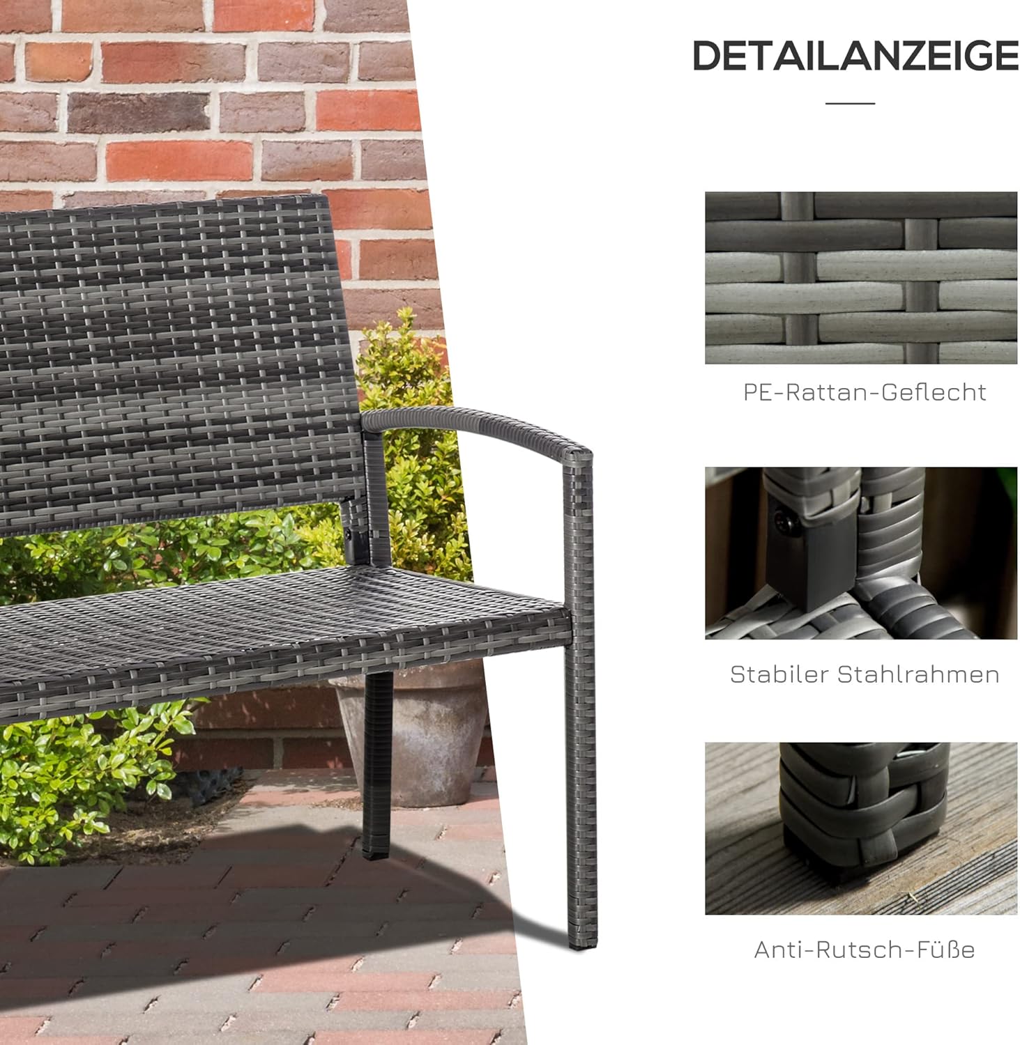 Outsunny Gartenbank Polyrattan 2-Sitzer UV-beständig Sitzbank mit ergonomischen Armlehnen Rückenlehne Gartenmöbel Parkbank bis 240kg belastbar Balkonbank für Garten Terrasse, 122x60x85cm, Grau — Ansicht 6