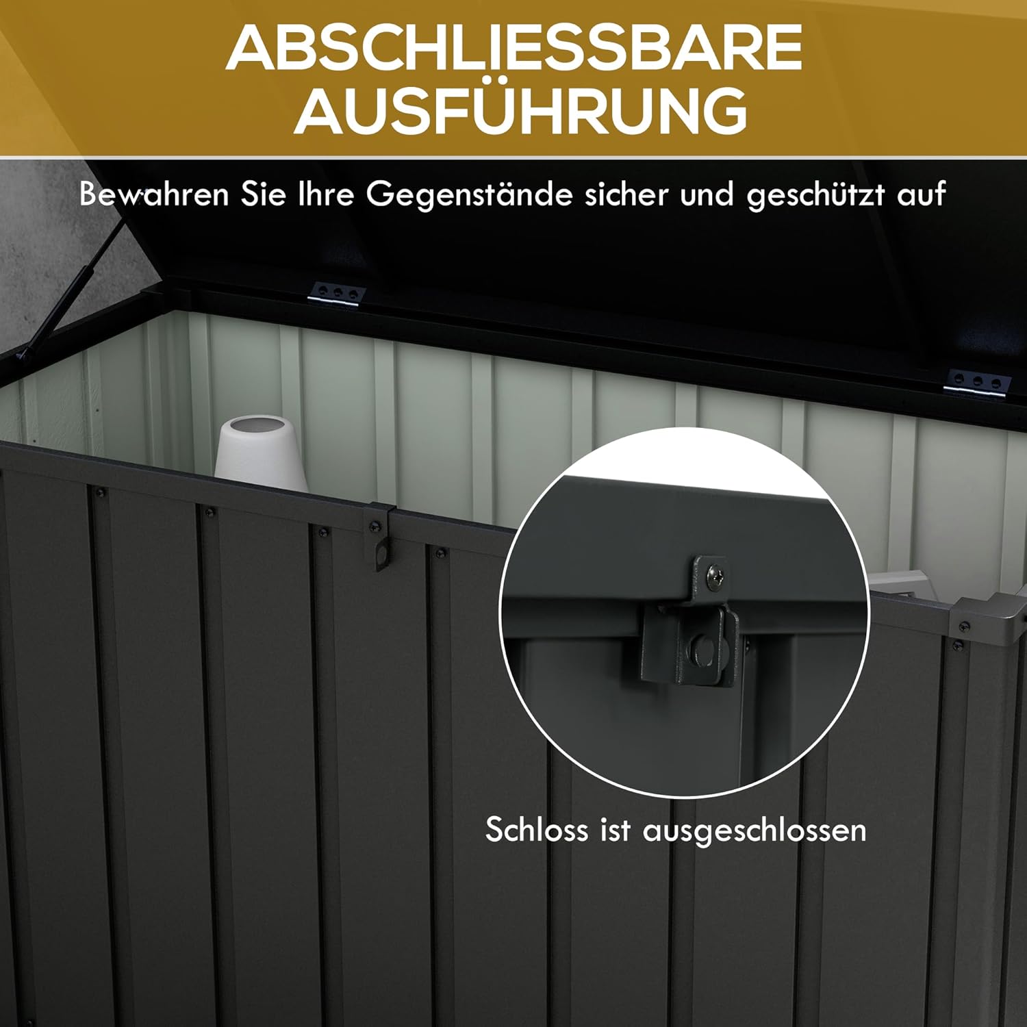 Outsunny Gartenbox 450L Auflagenbox Truhe Aufbewahrungskiste mit Gasdruckfedern, Aufbewahrungsbox mit Rollen, für Balkon, Garten, Stahl, Dunkelgrau — Ansicht 5