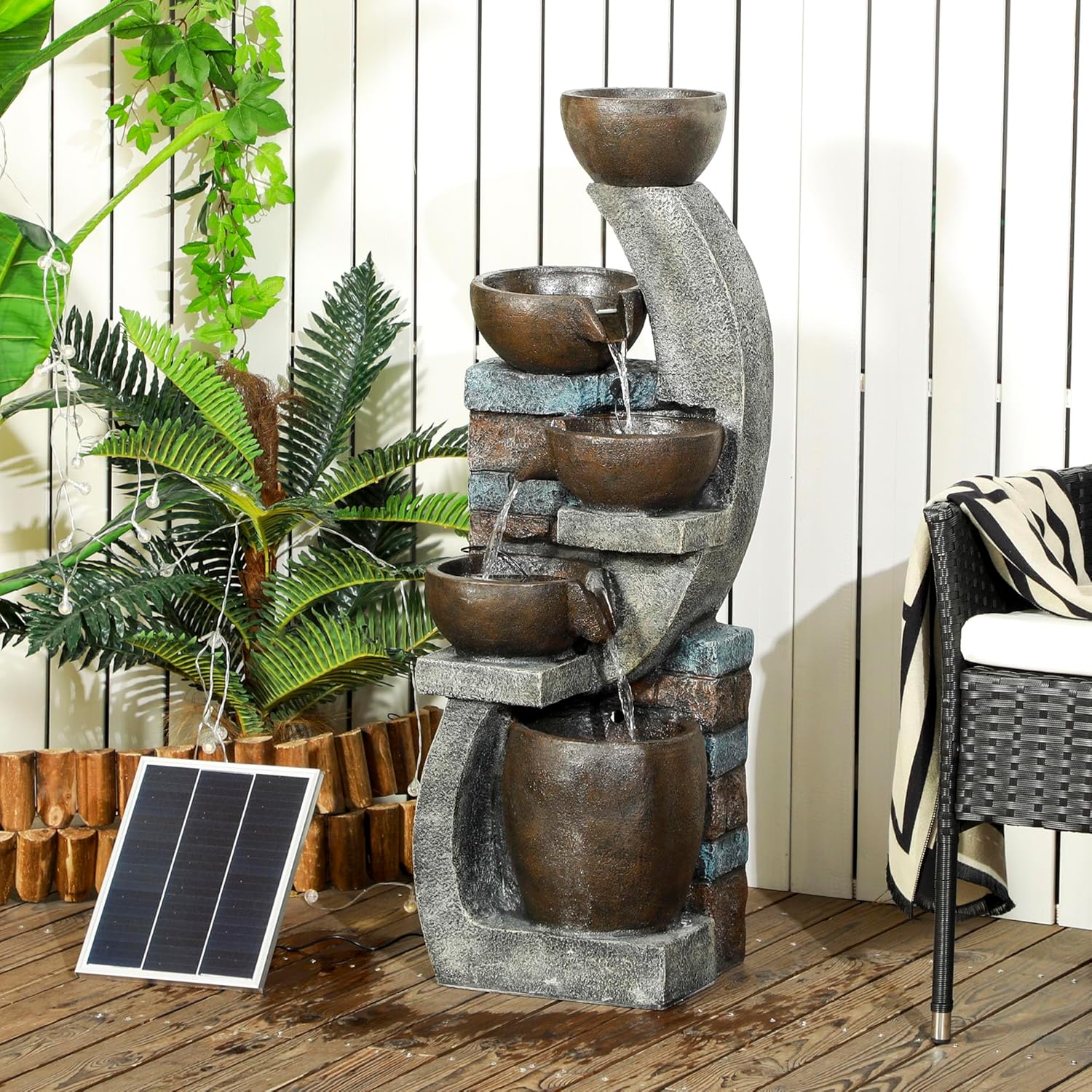 Outsunny Gartenbrunnen, Solar Springbrunnen, Zierbrunnen mit LED-Beleuchtung, 5 Stufen, Wasserbrunnen für Garten, Terrasse, Kunstharz, 37 x 35 x 107 cm — Ansicht 2